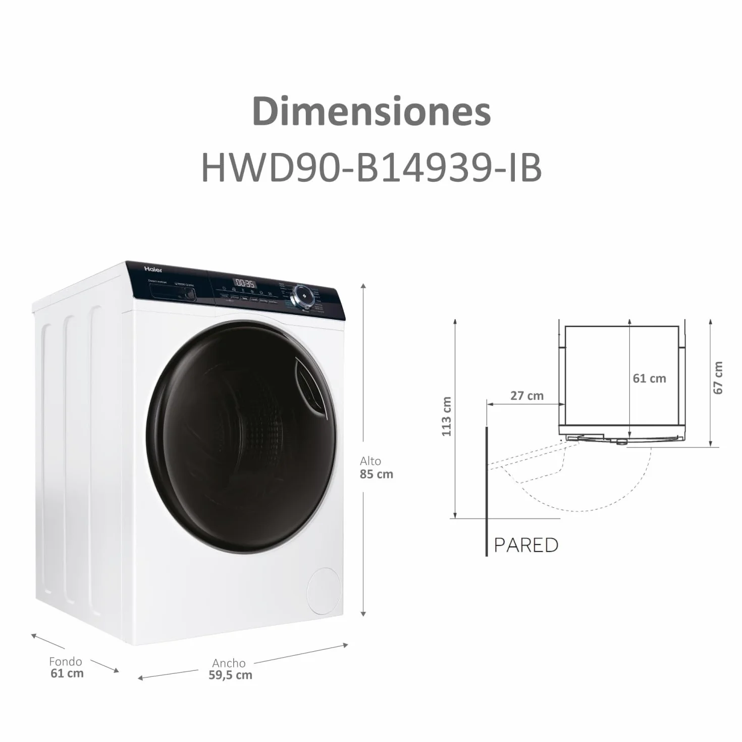 Haier I-Pro Series 3 HWD90-B14939-IB - Lavadora Secadora, Capacidad 9 kg + 6 kg, Motor Direct Motion, ABT, Refresh, Fin Diferido, Detector Kg, Libre Instalación, 60CM Ancho, 1400 RPM, Blanco