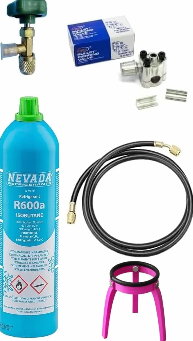 Kit reparación recarga frigorífico congelador R600a 420 gr grifo salida 1/4" M tubo válvula perforadora cobre hierro aluminio