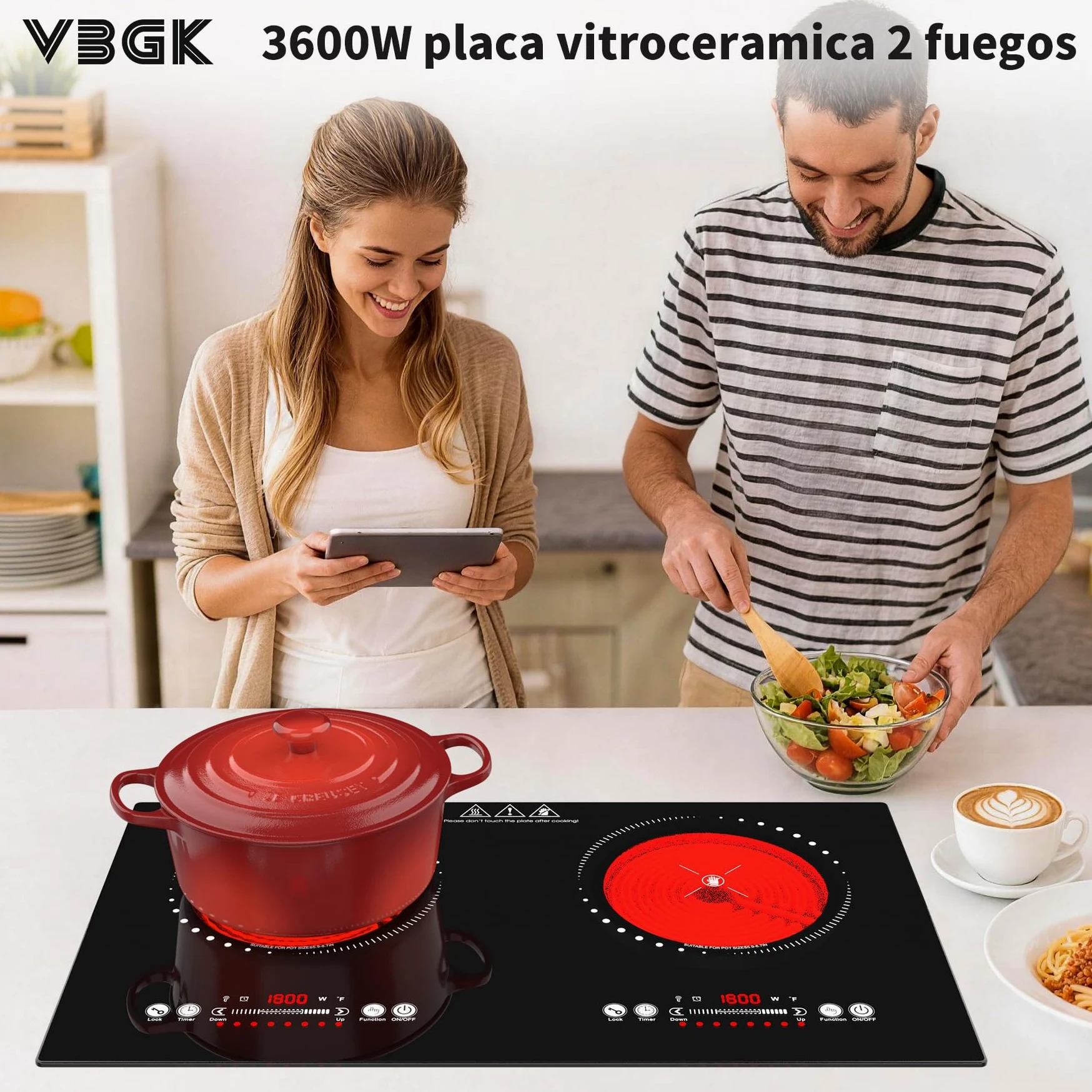 VBGK placa vitroceramica,220V 3600W placa de vitroceramica con Control táctil LED,9 niveles de potencia,Bloqueo para niños & Temporizador de 4 horas,Protección contra sobrecalentamiento de la estufa,