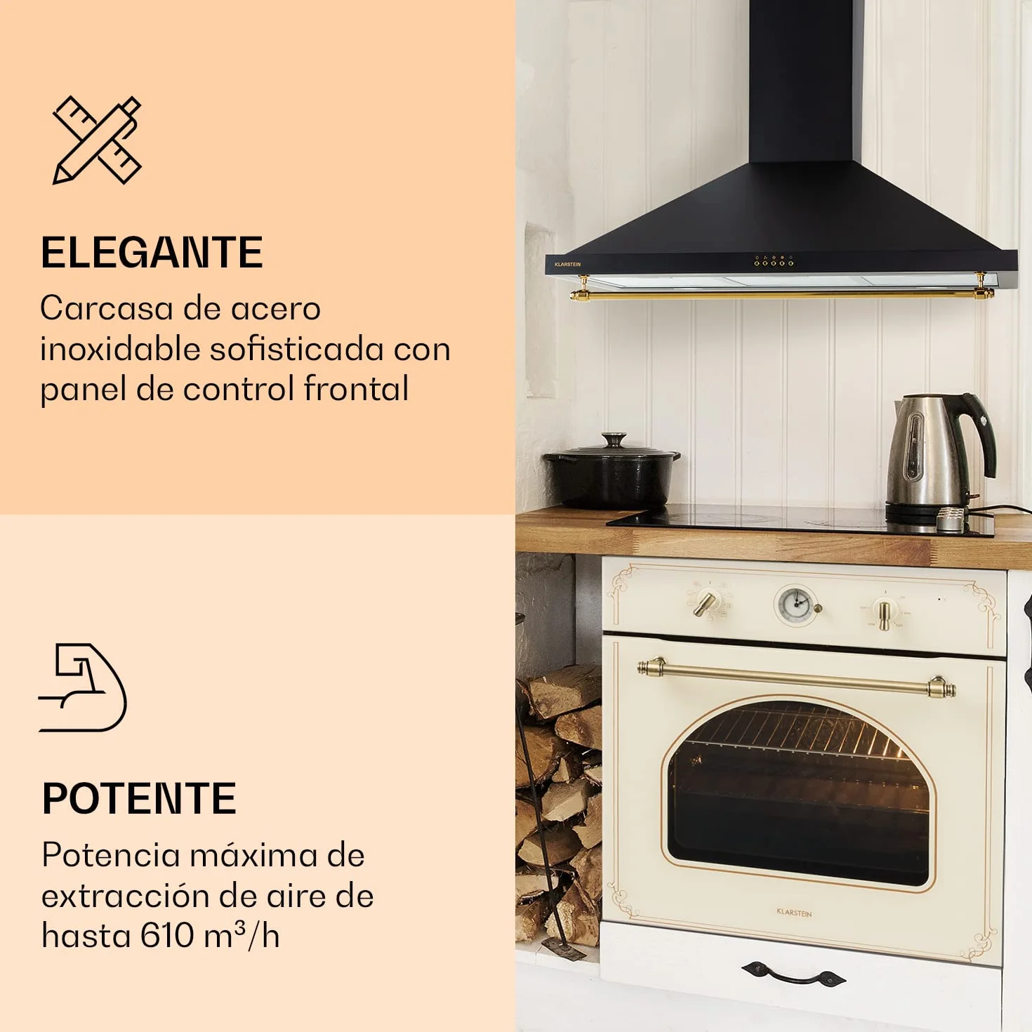 Klarstein Campana Extractora Decorativa 90 cm con Luces LED, Extractor Cocina Flujo Aire 591.5m³/h, Campanas Extractoras Acero, Extractores para Cocina con Filtros Anti Grasa con Bajo Consumo