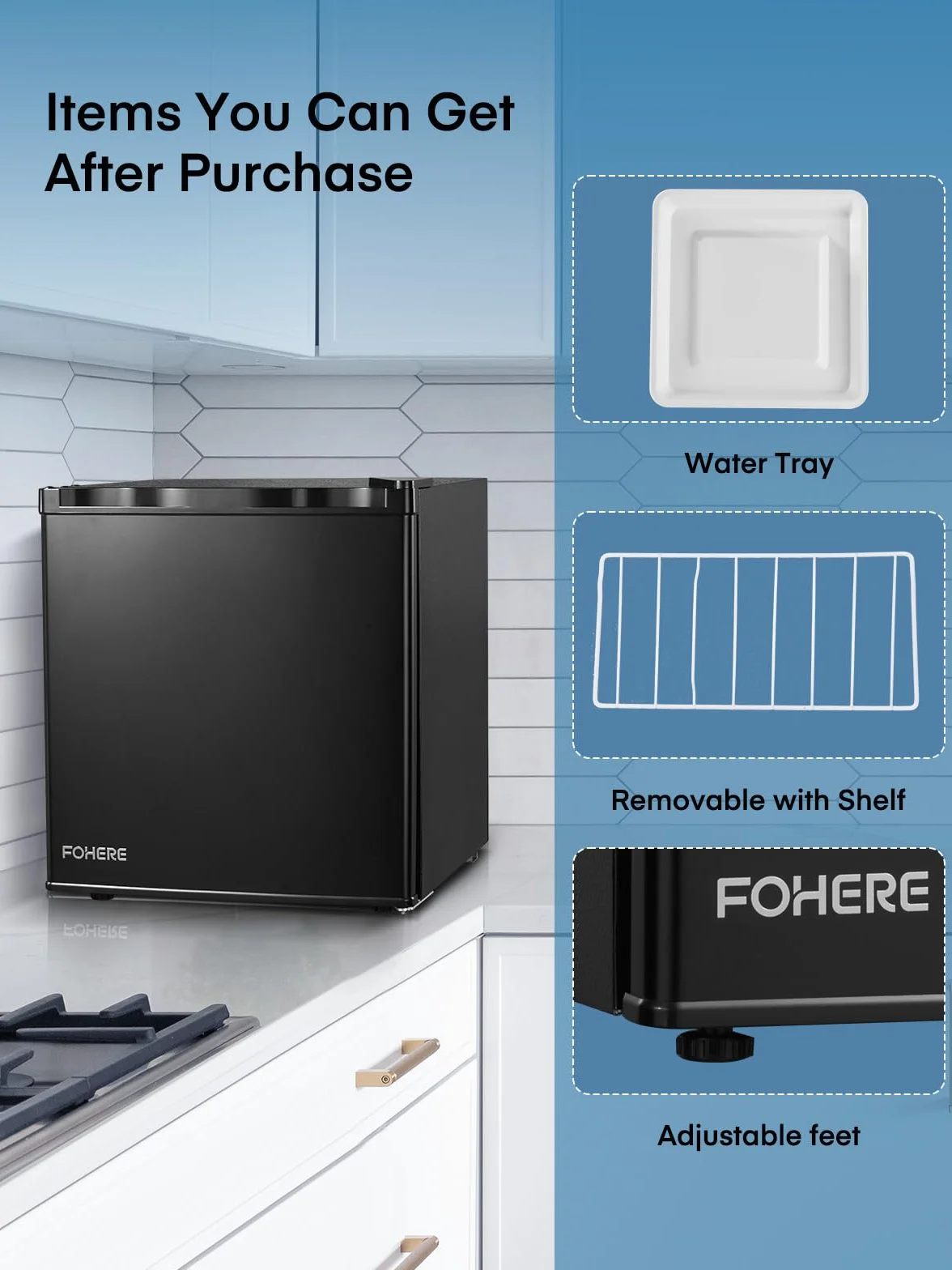 FOHERE Mini Frigorífico Bar 46L, Nevera Pequeña Silencioso, Control de Temperatura Regulable, Mono Puerta, Puerta Reversible, Bajo Consumo para Aplicaciones en Hotel, Hogar, Oficina, Negro