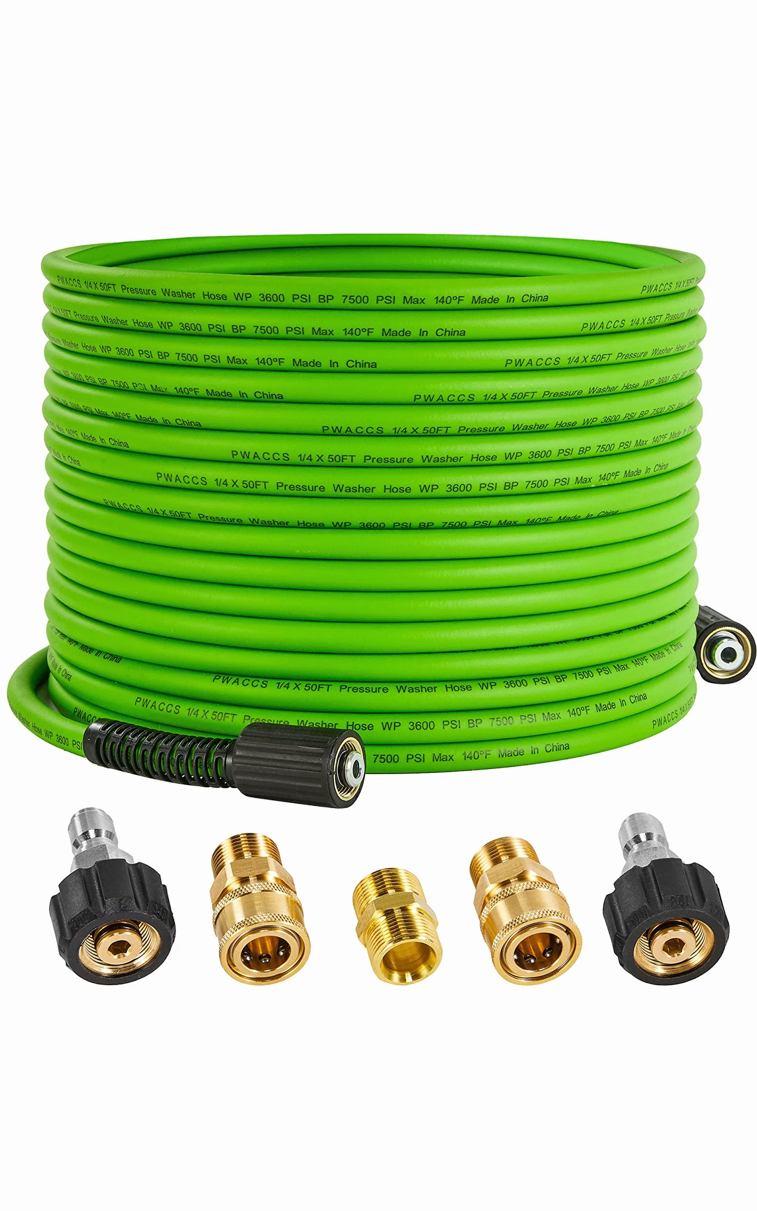 PWACCS Manguera de lavado a presión para lavadora eléctrica, manguera de extensión de lavado a presión resistente a torceduras de 3600 PSI, 50 pies x 1/4 pulgadas, manguera de lavado eléctrica