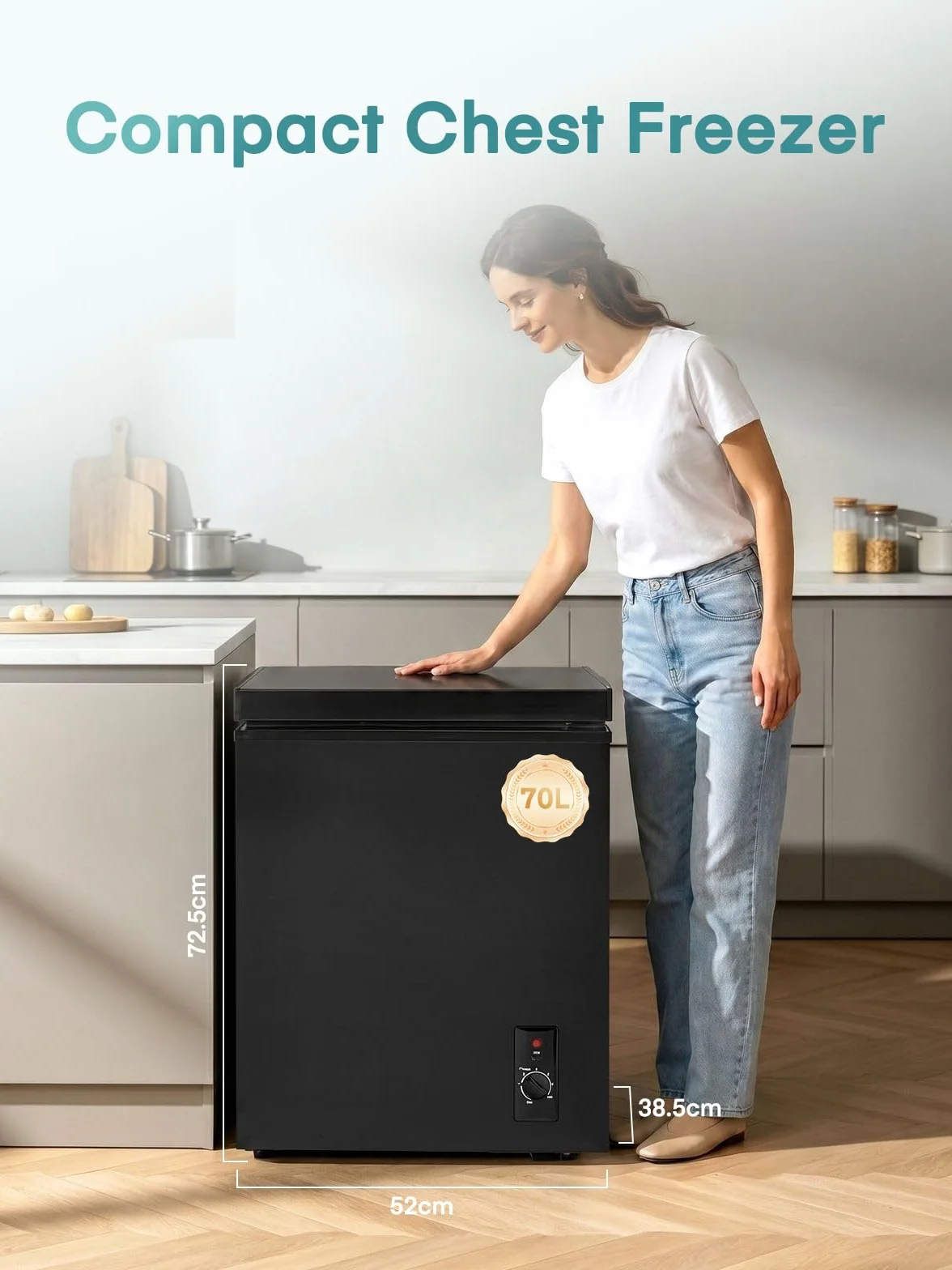 FOHERE Congelador Horizontal, Capacidad 70L, Alto 72.5 cm, Cesta con Asa, Silencioso 45 dBA, 6 Ajustes de Temperatura, Negro
