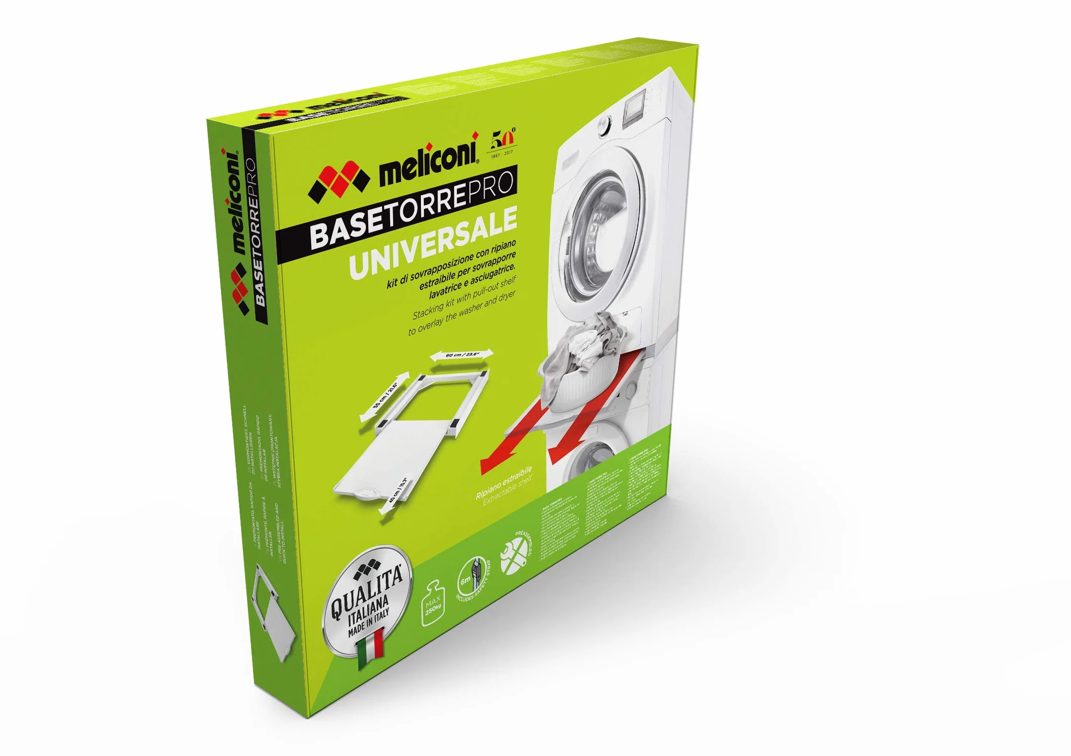 Meliconi Base Torre Pro, kit de superposición universal para lavadora y secadora con estante extraíble y correa de seguridad incluida. Fabricado en Italia, blanco, M