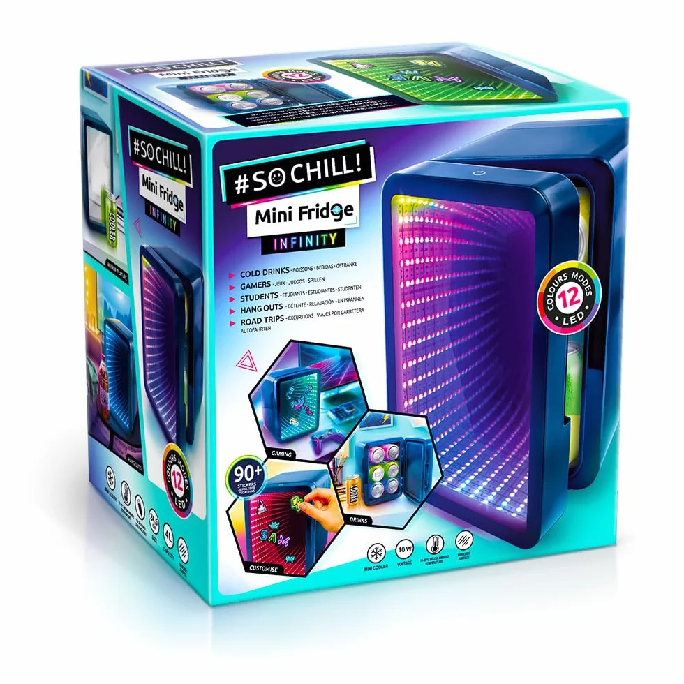So Chill - Mini nevera con efecto LED infinito, jugadores, estudiantes, viajes en casa/coche, Hangouts + más, alimentado por USB, calcomanías incluidas, 6 latas regulares, puerta con efecto espejo