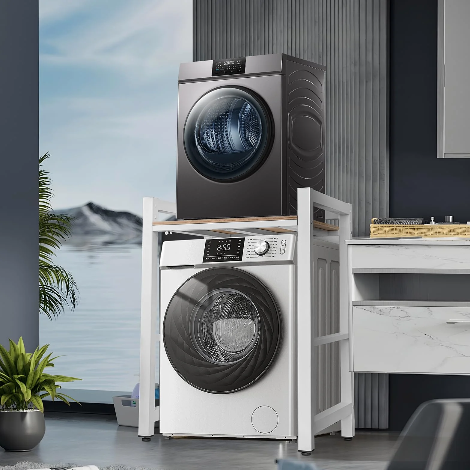 JXZ Mueble Lavadora, Soporte Secadora sobre Lavadora, Gabinete de Lavadora de Tambor, Ajustable en Altura de 3 Niveles, Capacidad de 300 kg para BañO, Cocina, BalcóN, Lavandería (Blanco A)