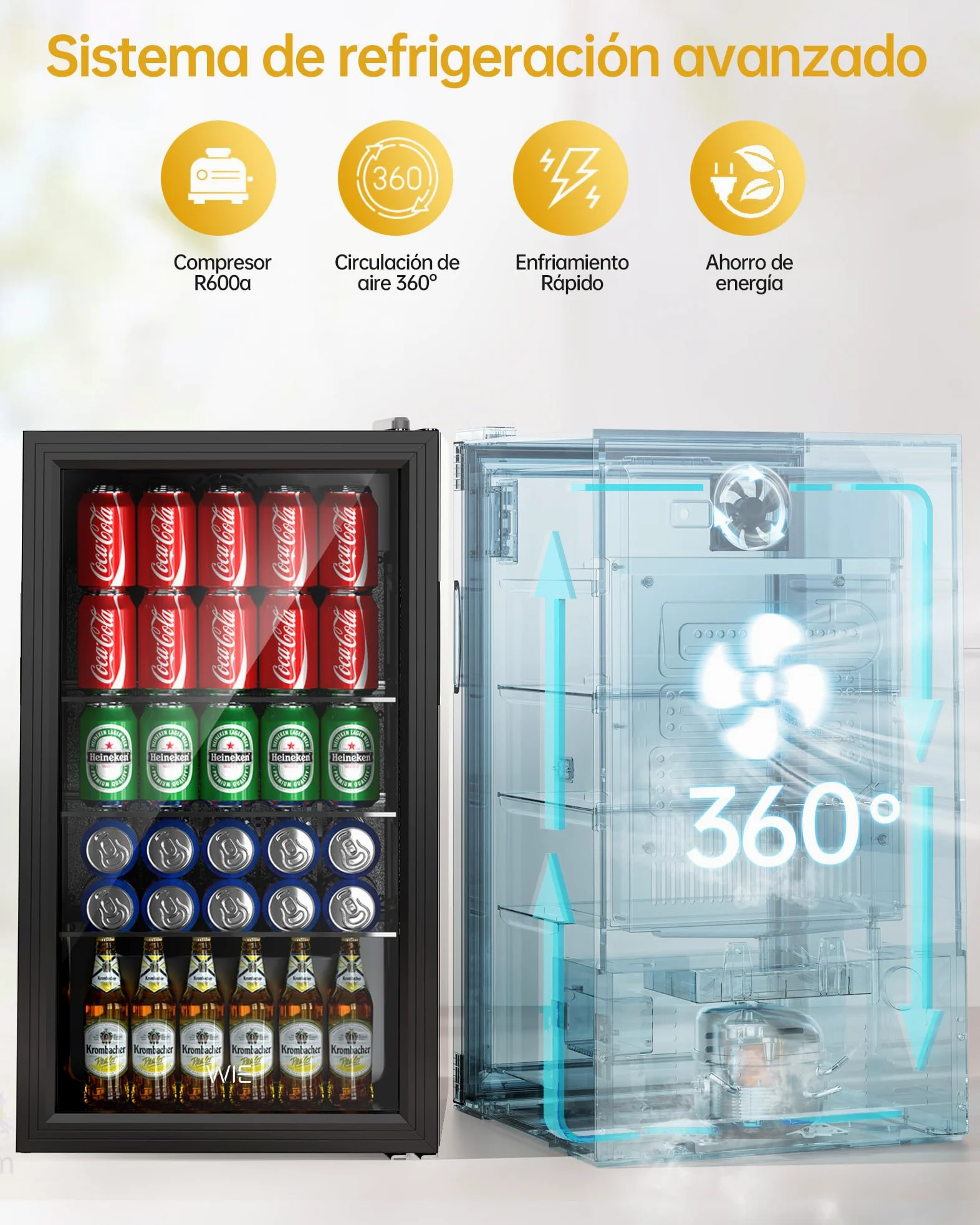 WIE Nevera Pequeña, Refrigerador de Bebidas con Puerta de Vidrio, 3 Estantes Ajustables, Control Inteligente, Puerta Reversible, Frigorificos Pequeños para Inicio/Bar/Oficina/Hotel (Negro 86L)