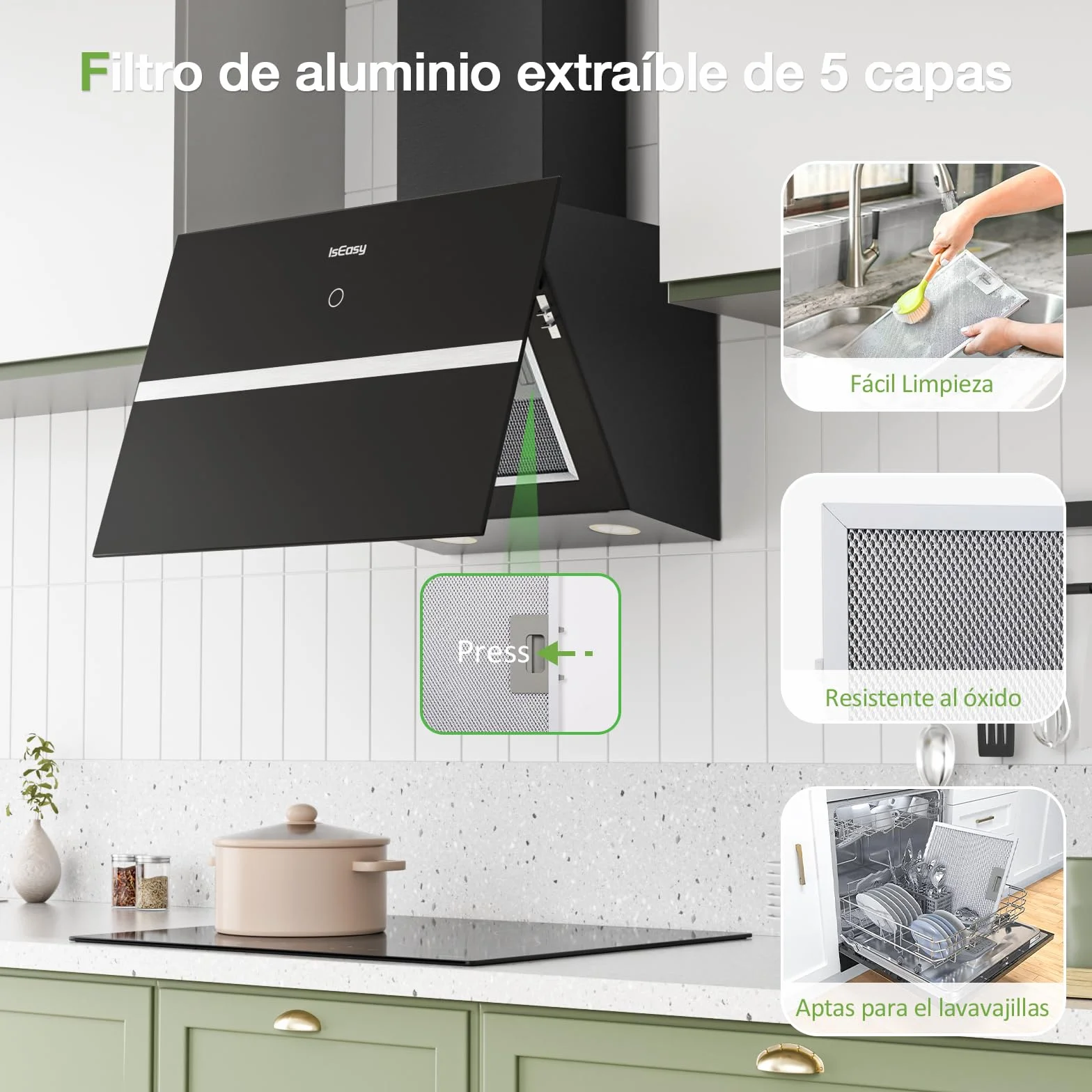 Campana Extractora 60cm 578 m³/h 4 Niveles Control Táctil Negro