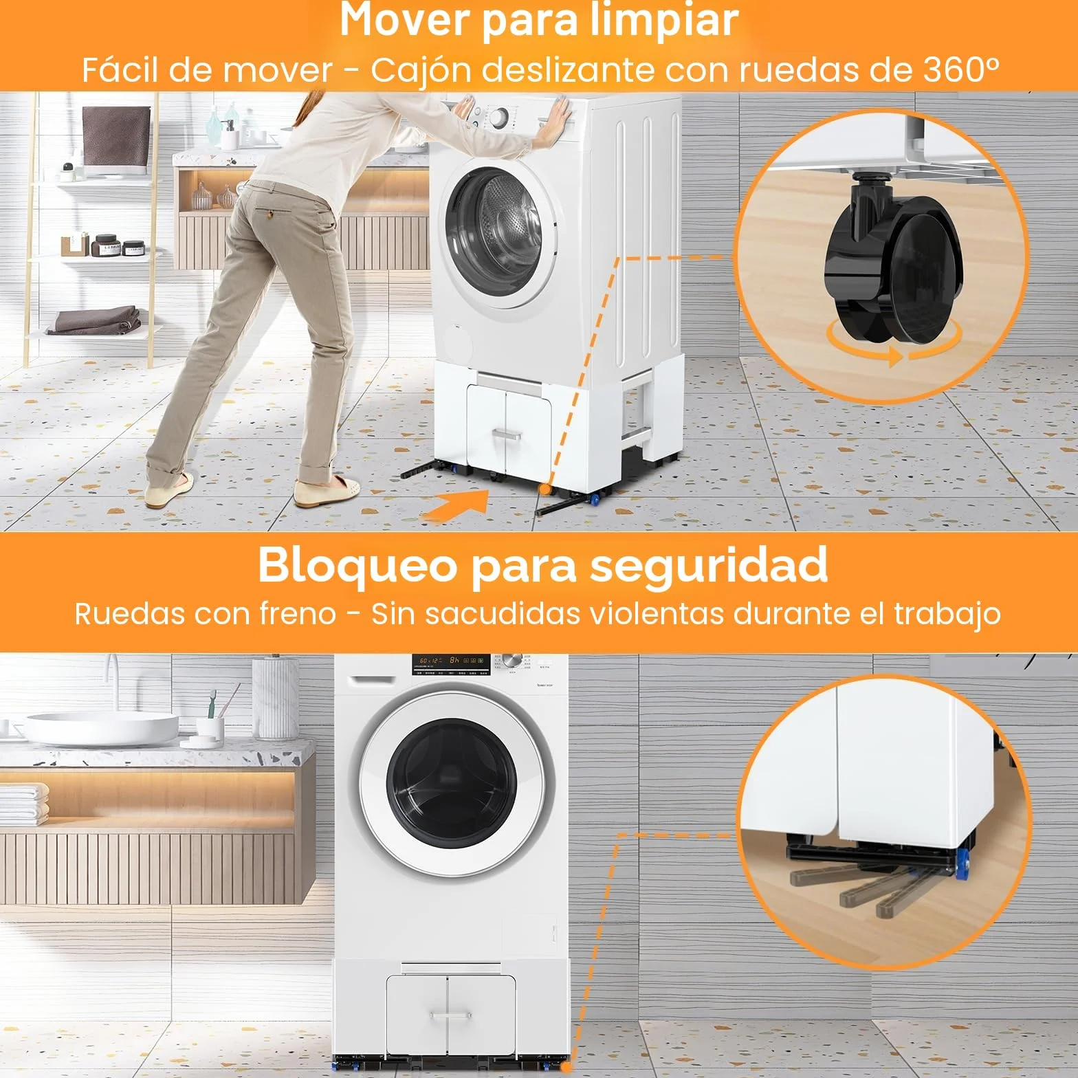 NIUXX Soporte Universal para Lavadora con Cajón y Ruedas, Función Antivibración Ajustable (42-69cm), Soporte Lavadora Secadora con Freno, para Lavadoras y Secadoras, Capacidad de Carga 400 kg