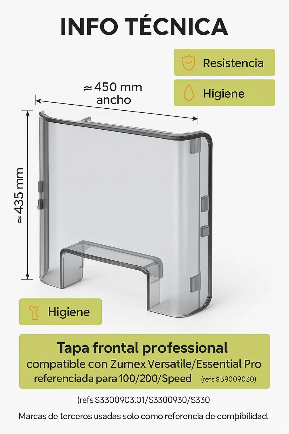 CubetasGastronorm Cubierta Delantera Tapa Frontal Plástico Grafito con Perfil Silicona para Exprimidor compatible Zumex Versatile Essential Pro Ref S3300930:01 450x435 mm Recambio Profesional Original