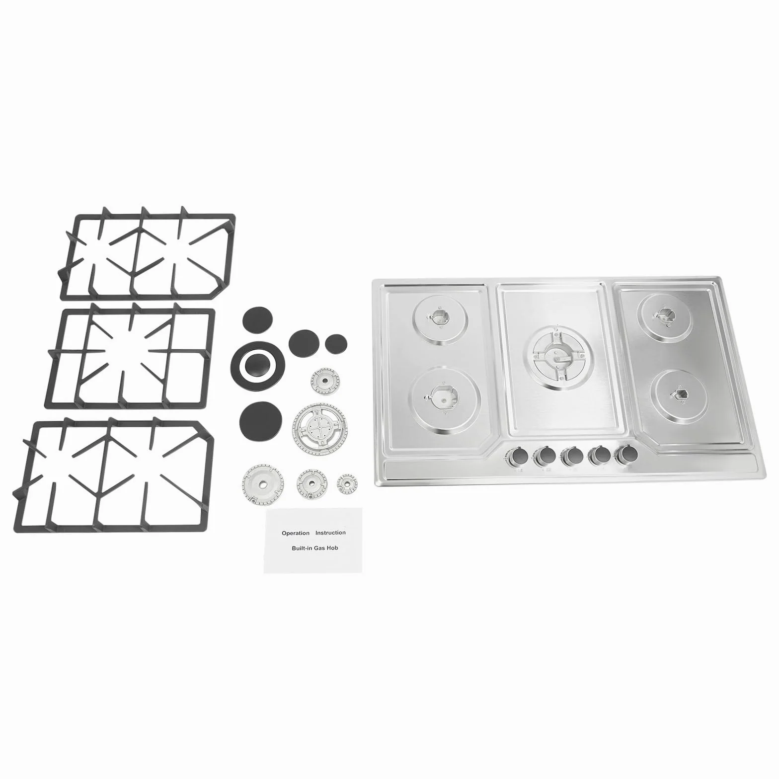 Cocina de gas de 5 fuegos, 86 cm, empotrable para cocina, acero inoxidable, encendido electrónico, placas de gas LPG/gas natural, 2800 pa, placa de gas Drop-in moderna