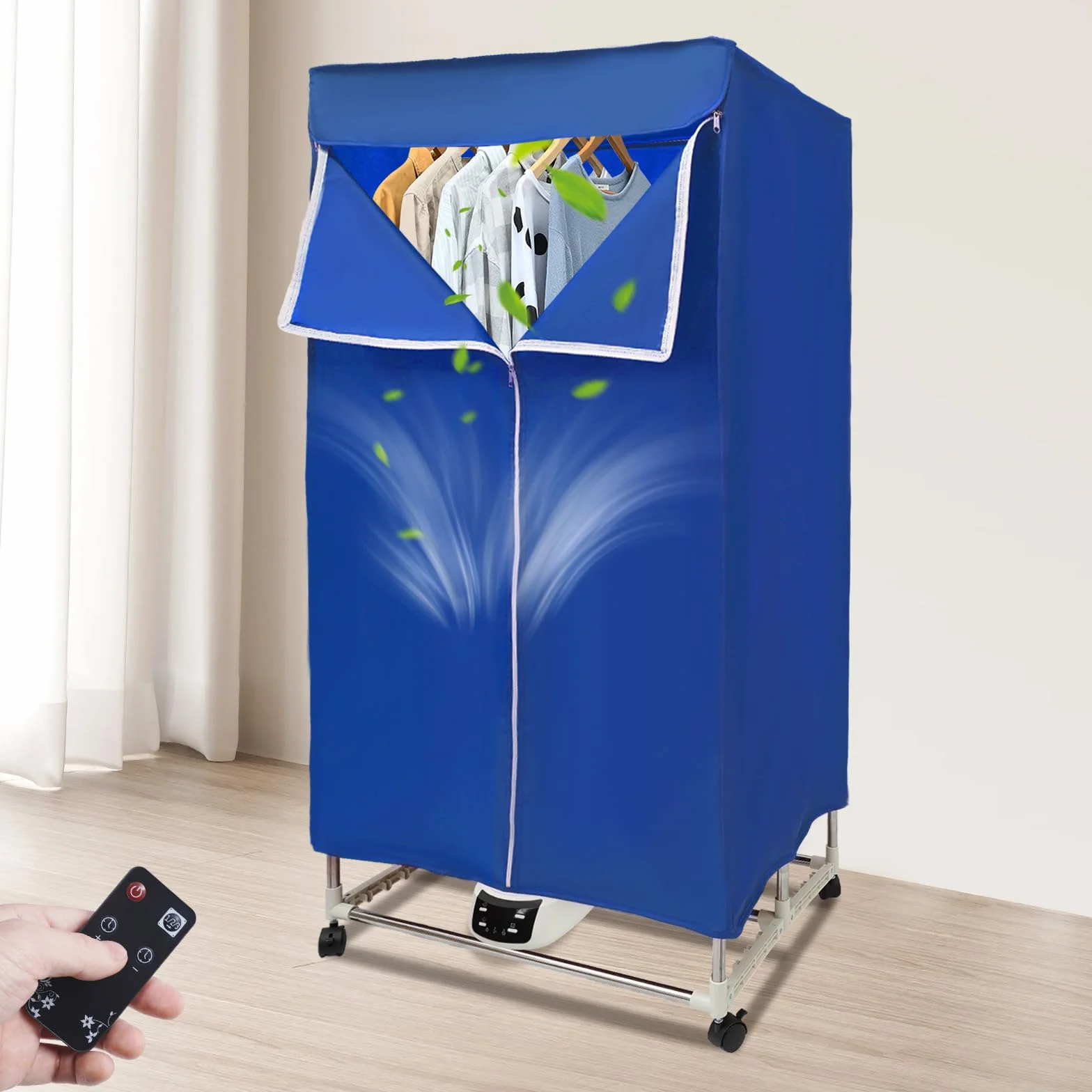 Secadora de ropa, secadora eléctrica con temporizador, 1500 W, secadora multifuncional con mando a distancia y cubierta exterior, plegable, secador de bomba de calor (azul)