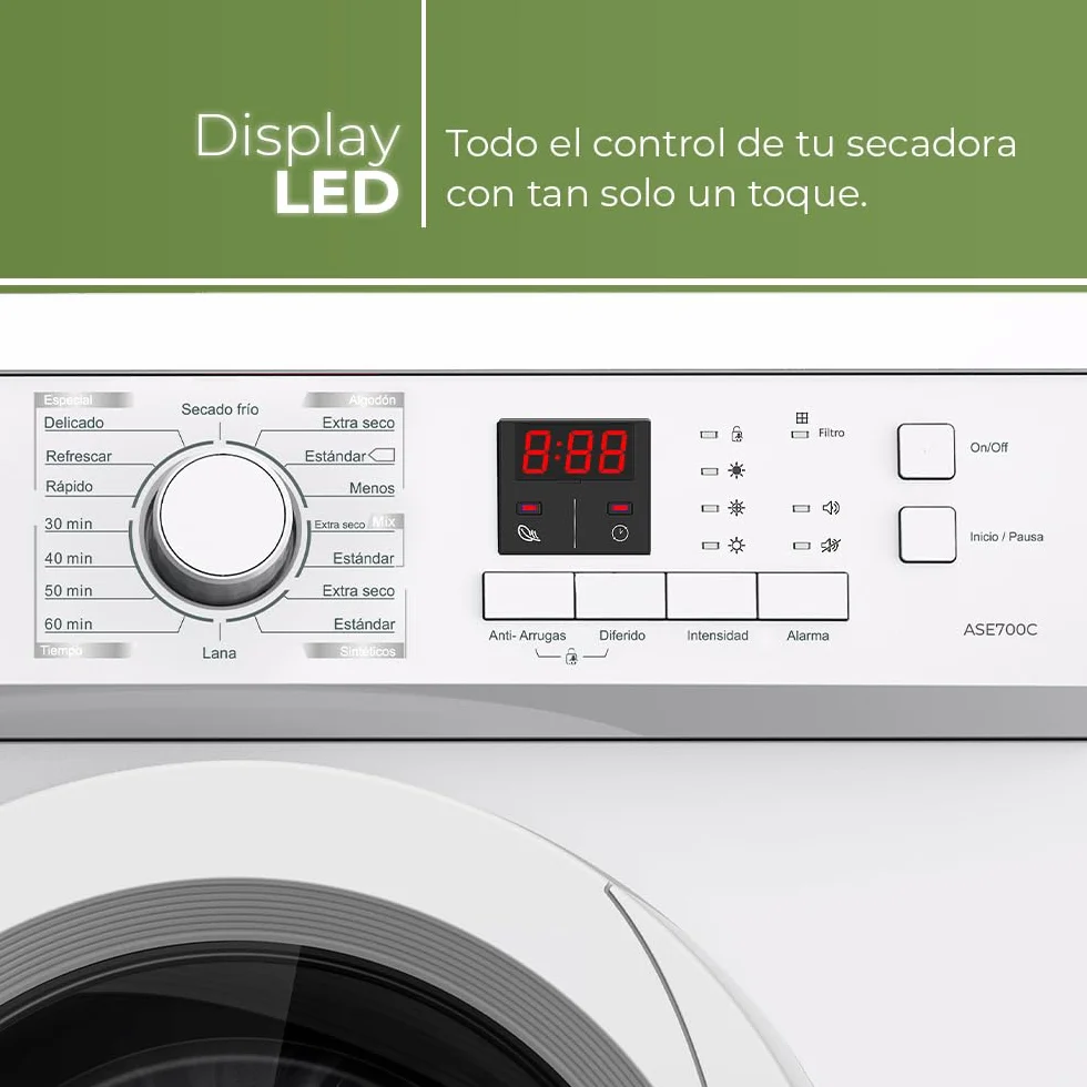 Aspes Secadora de Evacuación 7Kg Carga Frontal Blanco ASE700C. 2000W, 16 Programas, Función Antiarrugas, Función Antiarrugas, Display LED manual, Eficiencia Energética Clase C