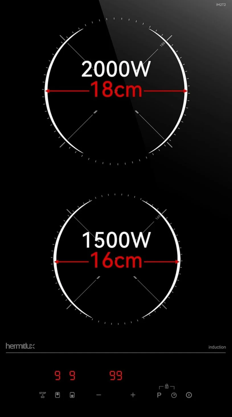 Hermitlux Placa Induccion 2 Fuegos 30cm 3500W Boost | calefacción de baja potencia continua, 9 niveles, apagado automático, bloqueo infantil