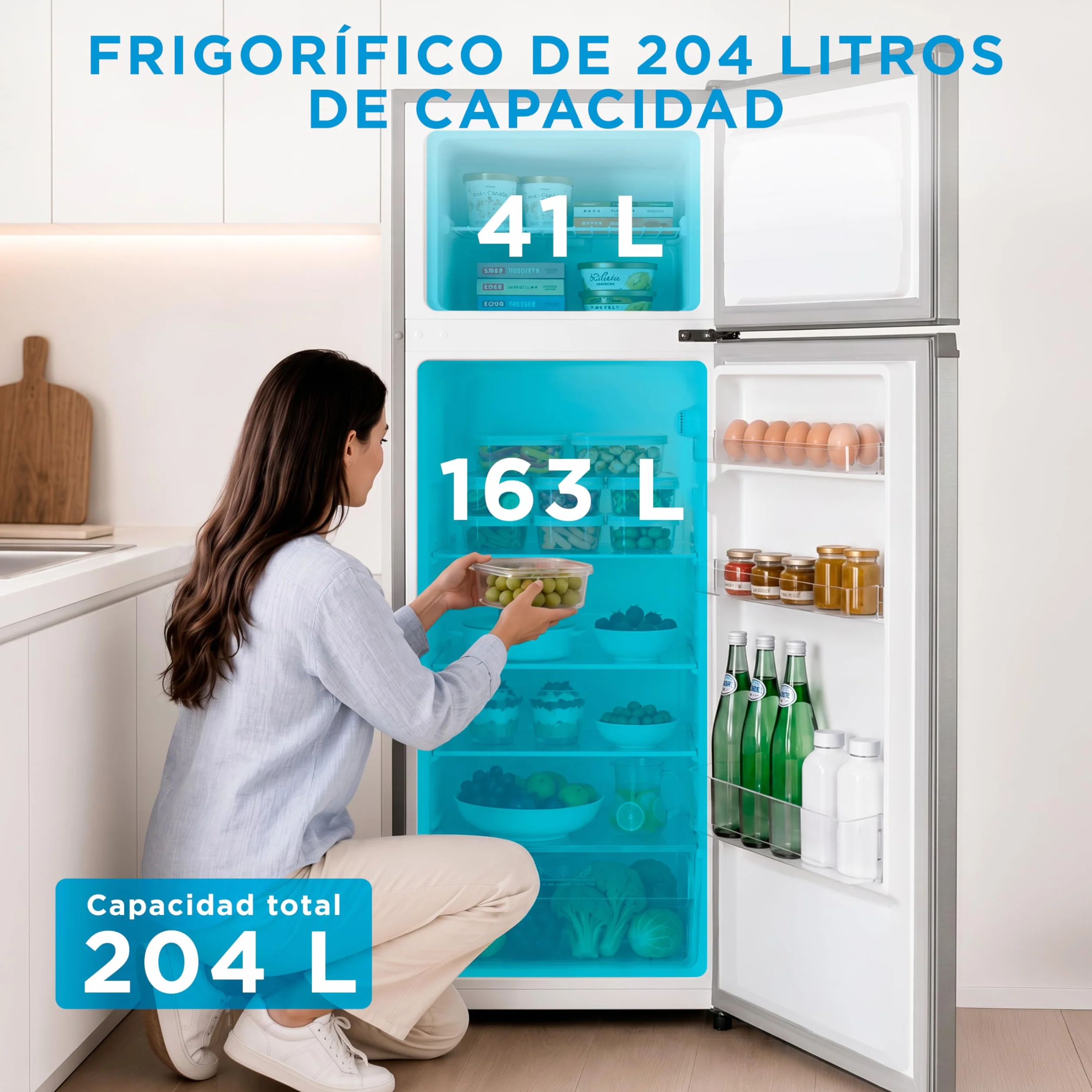 Midea Frigorífico 2 puertas 140 cm alto x 55 cm ancho, Inox, Capacidad 204 L, Nevera Pequeña con Congelador Low Frost de Bajo Consumo, Puerta Reversible, Luz LED, Silencioso 40dB, Cajón de Frutas