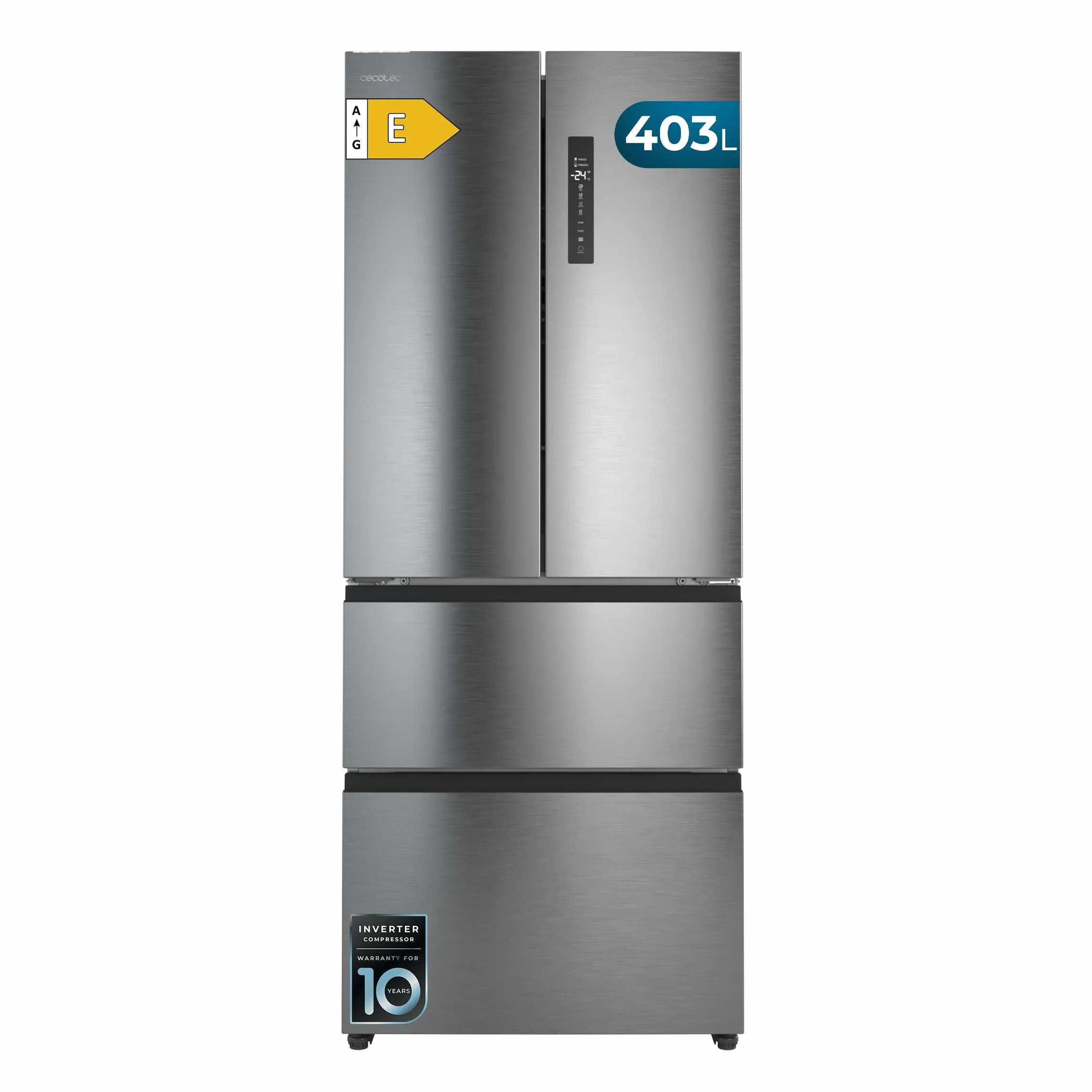 Cecotec Frigorífico Puerta Francesa Total No Frost Bolero CoolMarket F2D 403 Inox E, Extra Capacidad Max 403 L, Alto 176 cm y 70 cm Ancho, Cajón FreshNessFlexHub, Compresor Inverter, ATT Antibacterias