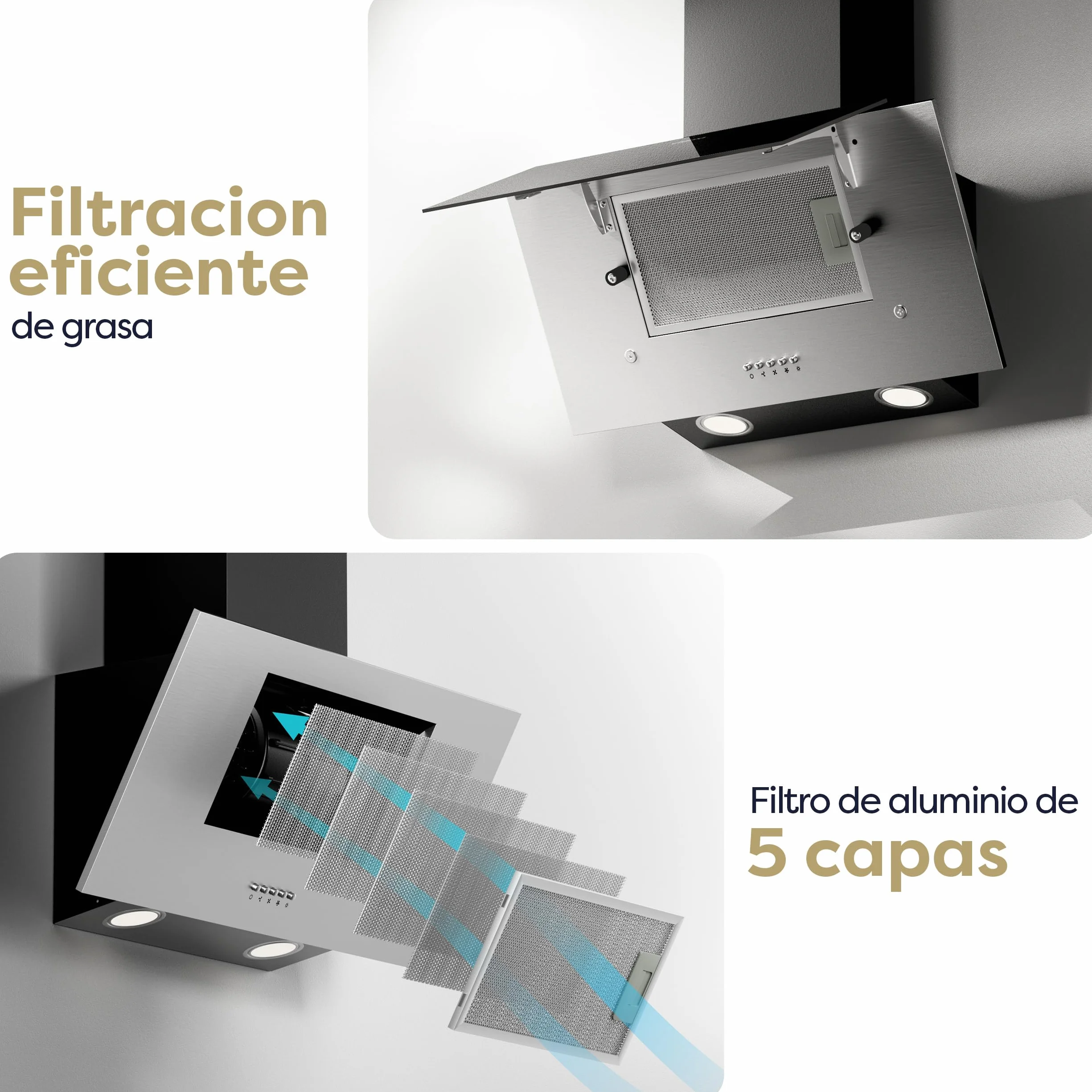 CIARRA Campana Extractora 60cm Clase A++ 350m³/h 3 Velocidades Acero inoxidable