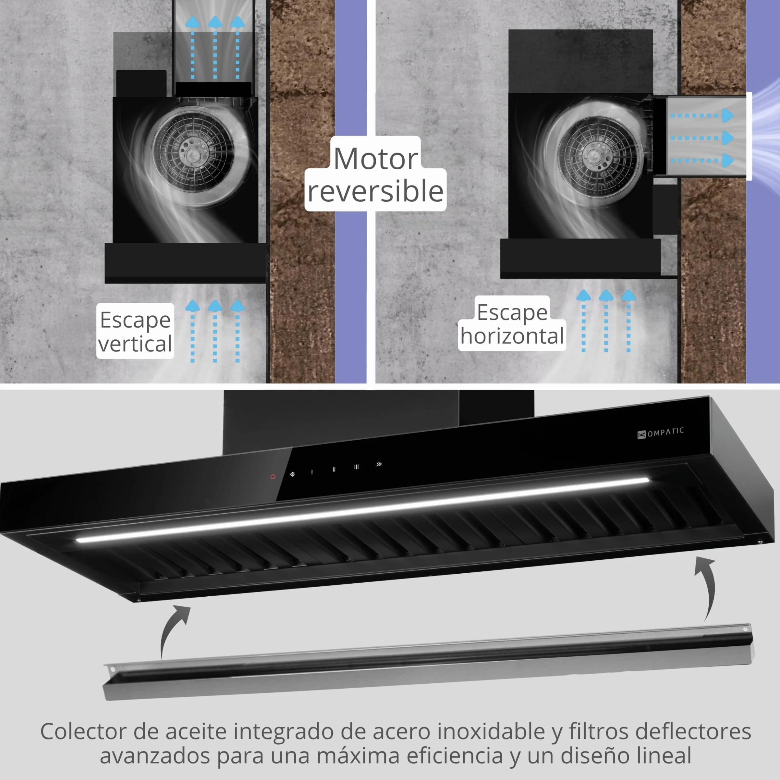 Campana extractora integrable Kompatic Riva 90 KRV90BI, 90 cm, motor brushless 800 m³/h, clase A+++, control táctil, Boost/Super Boost, negro mate.
