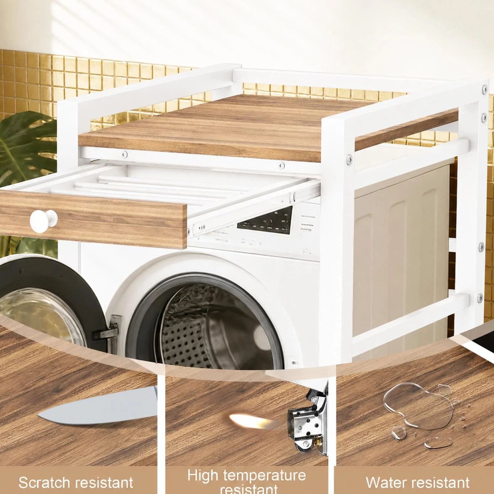 Estantería para lavadora, lavadora y secadora superpuestas, capacidad de carga de 300 kg, armario de lavadora para baño, cocina, balcón, lavandería (blanco con cajones)
