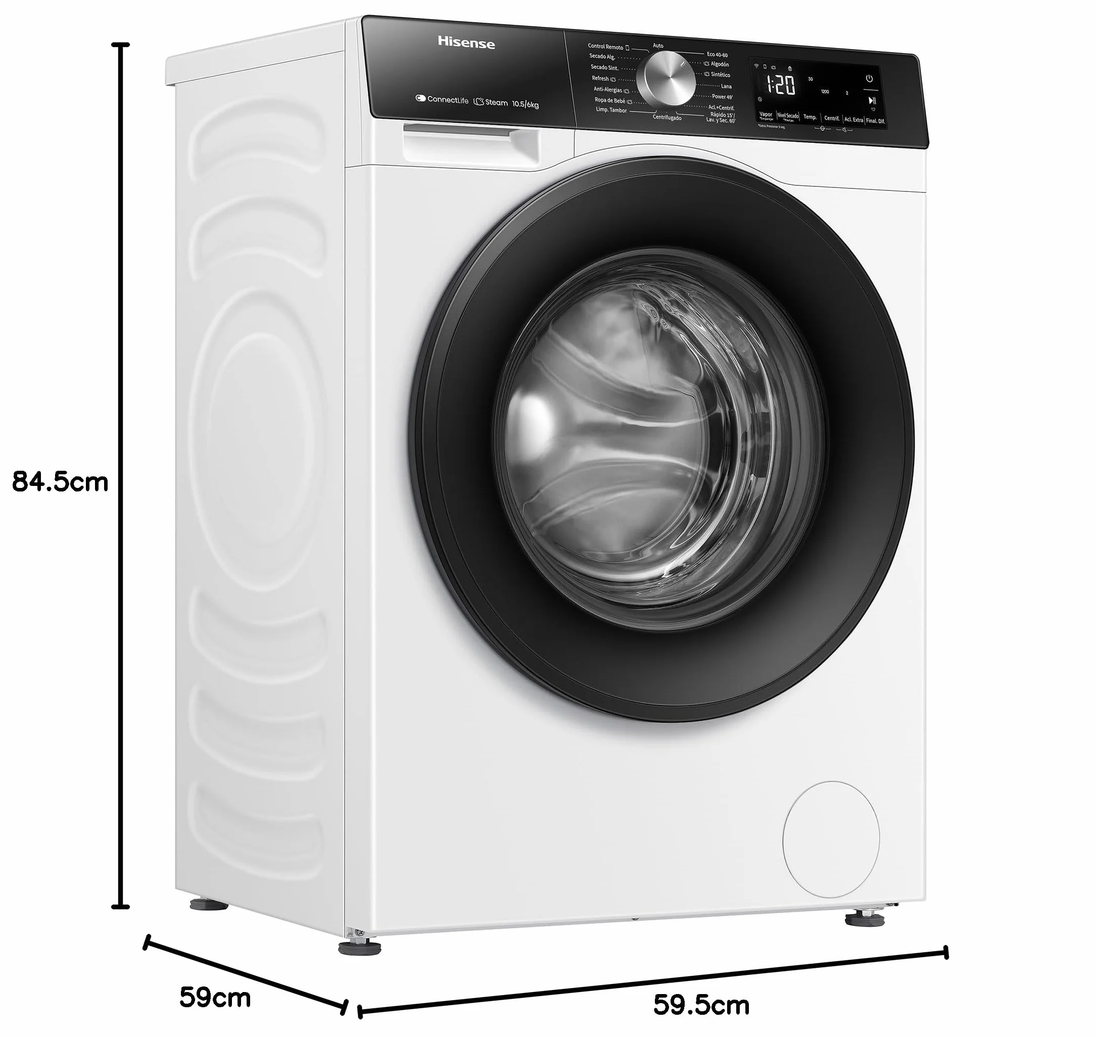 Hisense WD3S1043BW3 - Lavadora Secadora 2 en 1 con Vapor,Clase D/A, Carga Frontal 10.5 kg Lavado, Secadora 6 kg, Conectividad WiFi, Programación Asistida, Monitor de Consumo, Serie 3S, Blanco