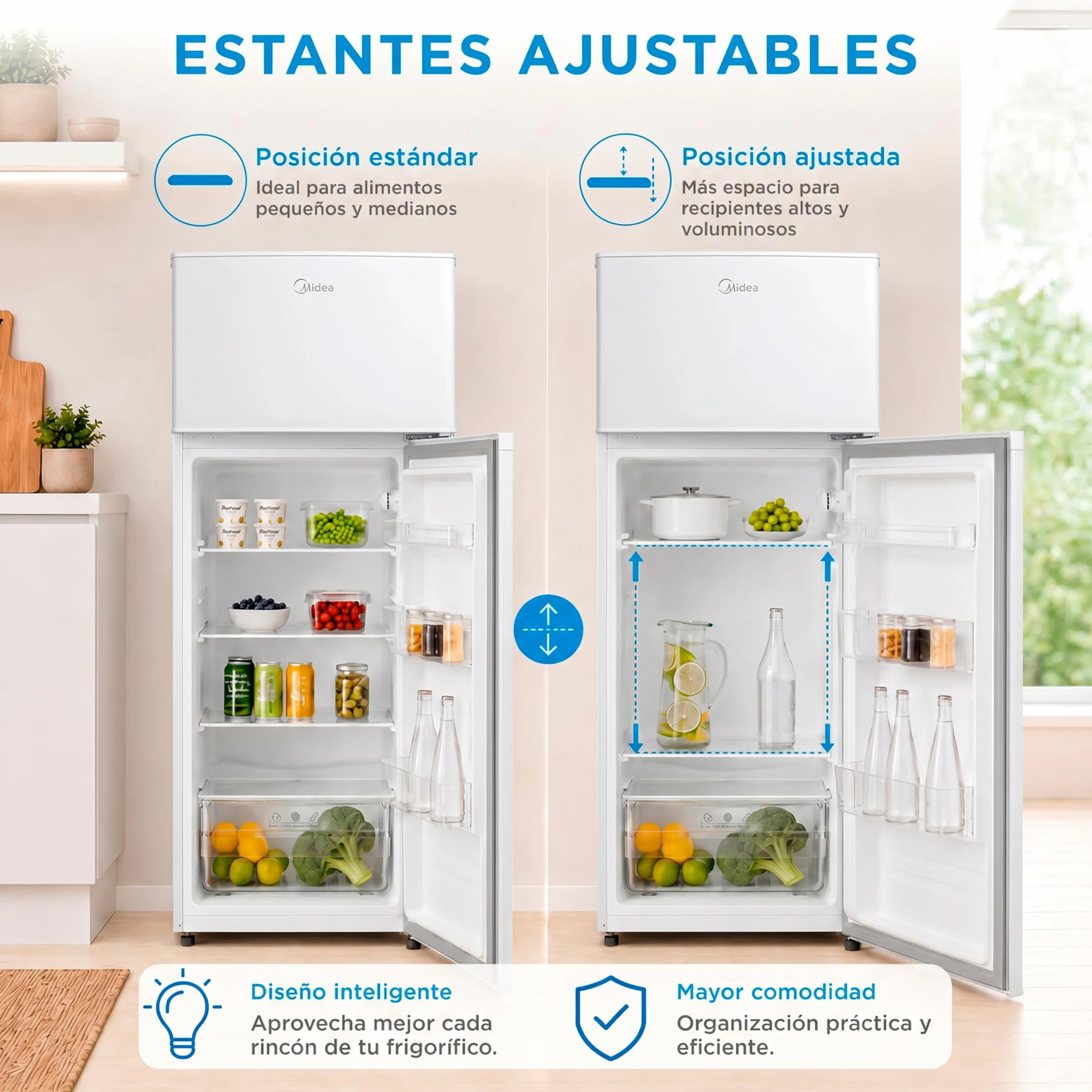 Midea Frigorífico 2 puertas 140 cm alto x 55 cm ancho, Blanco, Capacidad 204 L, Nevera Pequeña con Congelador Low Frost de Bajo Consumo, Puerta Reversible, Luz LED, Silencioso 40dB, Cajón de Frutas