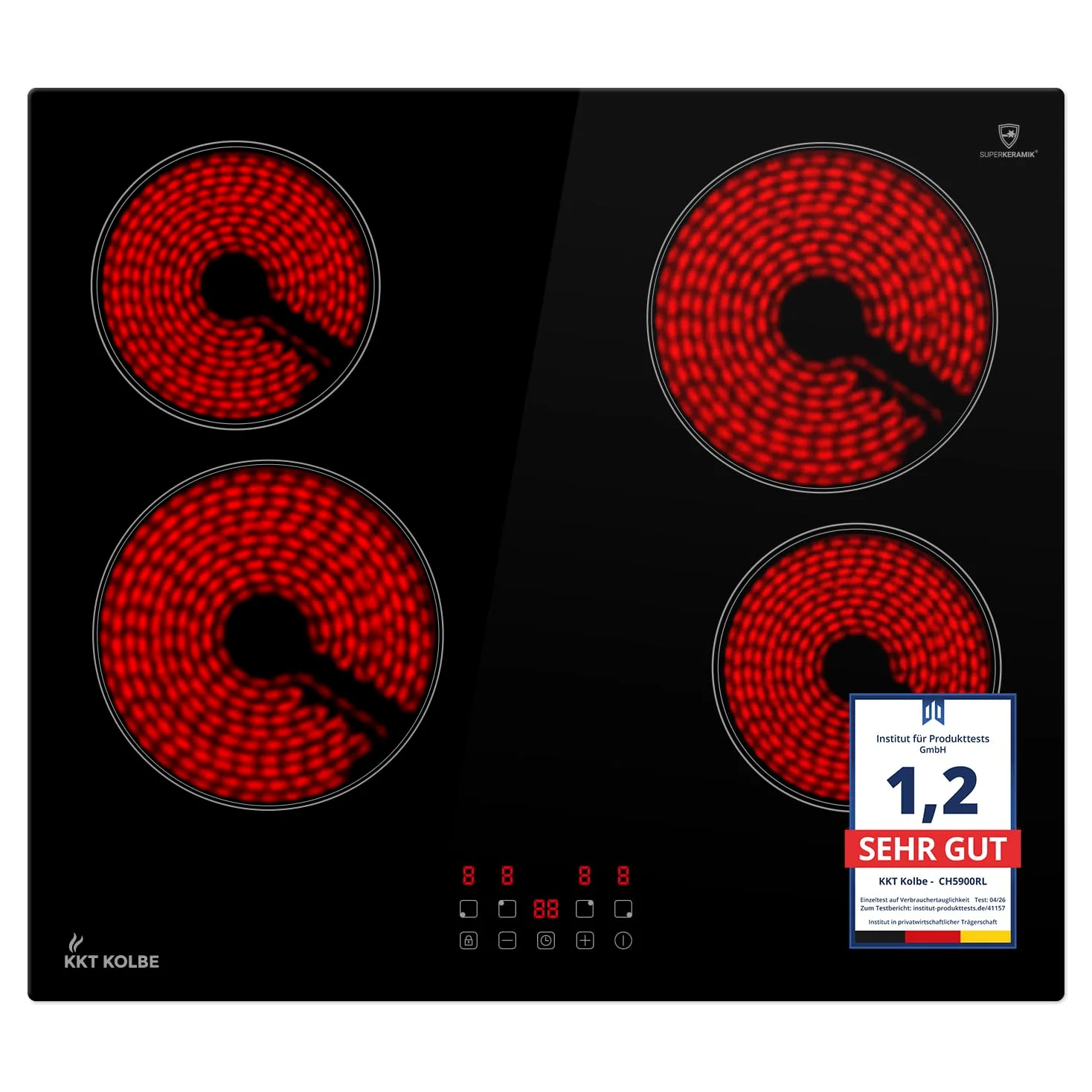 KKT KOLBE placa de cocina vitrocerámica independiente con espirales calefactoras 60 cm | 6 kW | 4 zonas | 9 niveles | sin marco | táctil | temporizador de apagado | seguro para niños | CH5900RL