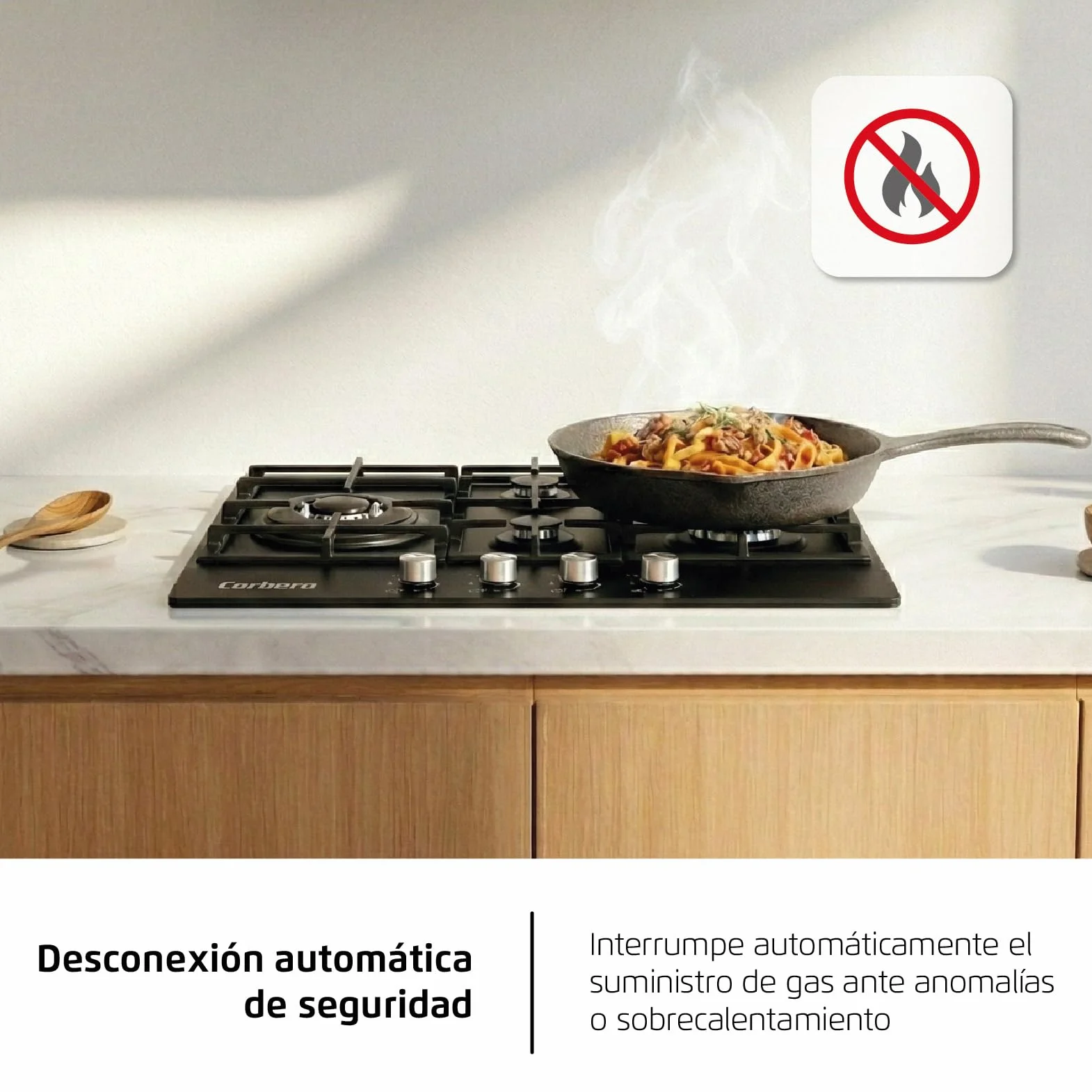 Corberó - Placa Gas Cristal LUX | CPCGM4F4126N | 4 Zonas | Potencia 8.05kW | Autoencendido | Zona WOK | Capa protección Clean + | Desconexión Automática | Cristal Negro