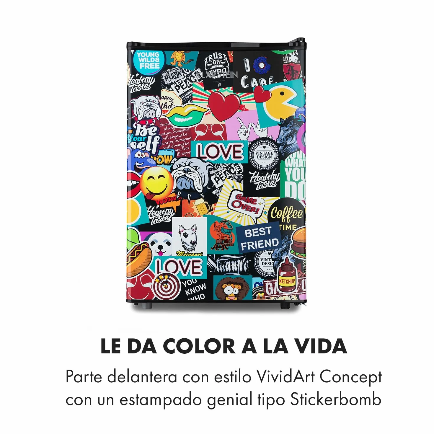 Klarstein Cool Vibe - Refrigerator, capacity: 70 litres, VividArt Concept: door with sticker bomb design print, ice compartment, ice cube tray, noise level: 42 dB, black