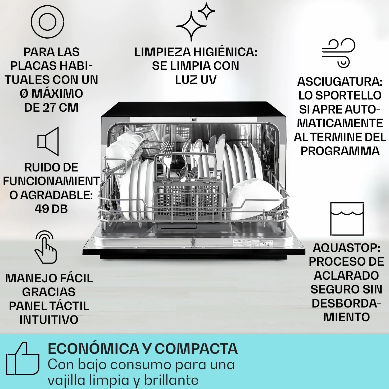 Klarstein Lavavajillas Sobremesa Pequeño, Mini Lavavajillas 8 Cubiertos, Lavavajillas Portatil Encimera Silencioso, Lavaplatos con 6 Programas de Lavado, Lavavajillas Compacto para Casa y Oficina