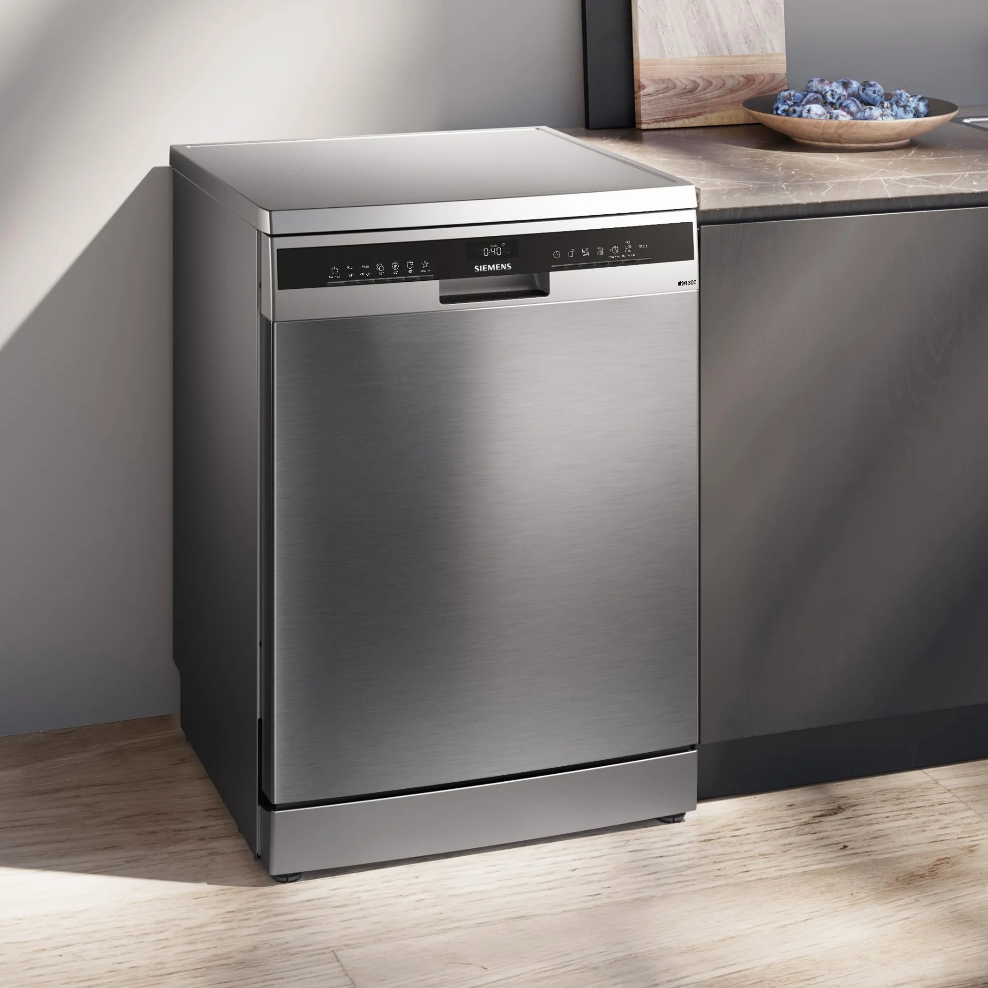 Siemens - Lavavajillas de libre instalación, iQ300, 60 cm, Home Connect, varioSpeed+, autoOpen dry, Acero antihuellas, SN23EI03ME