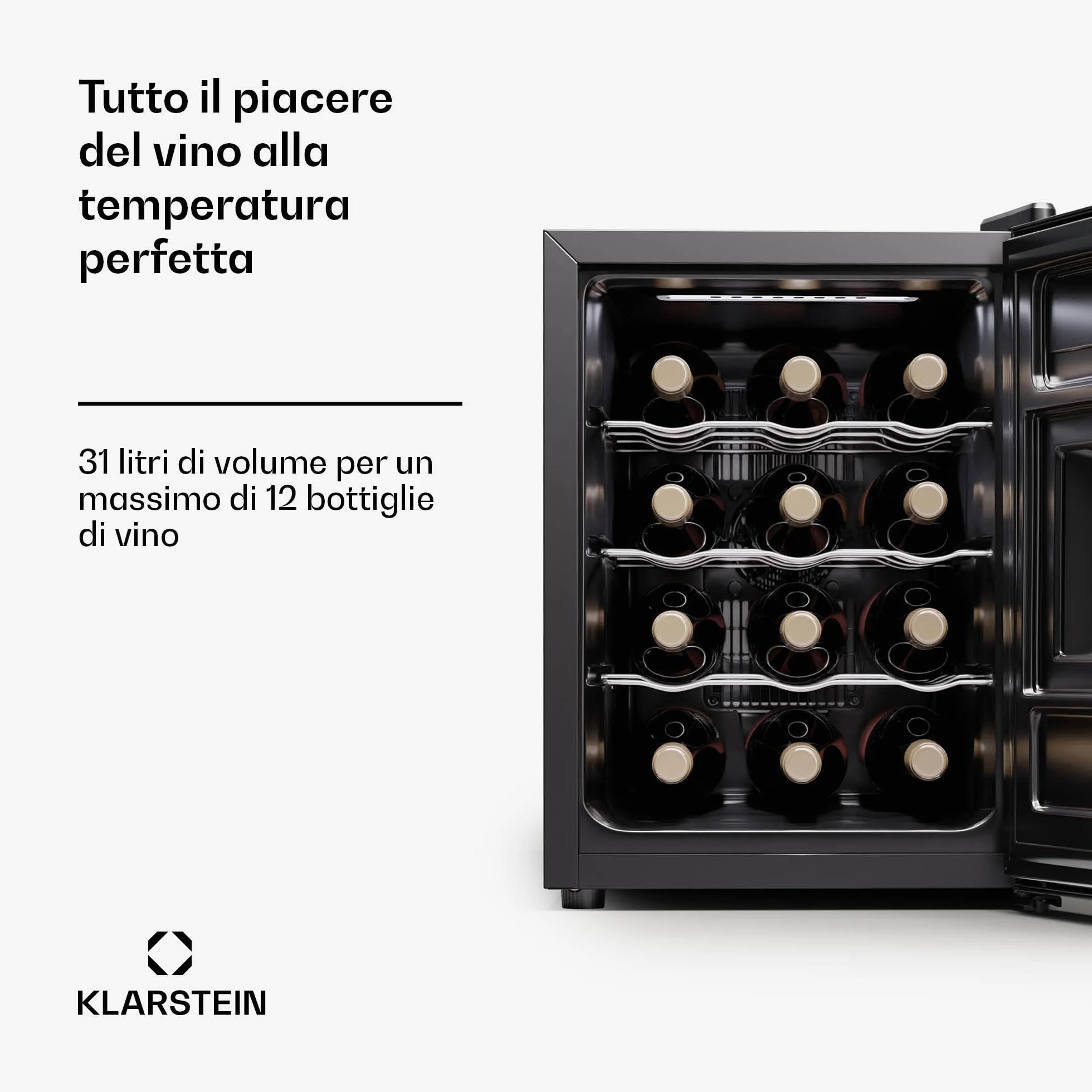 KLARSTEIN Nevera para vino independiente 1 zona, Nevera para bebidas pequeña, Nevera para vino pequeña, con puerta de cristal, Nevera para botellas interior/exterior, 12 botellas