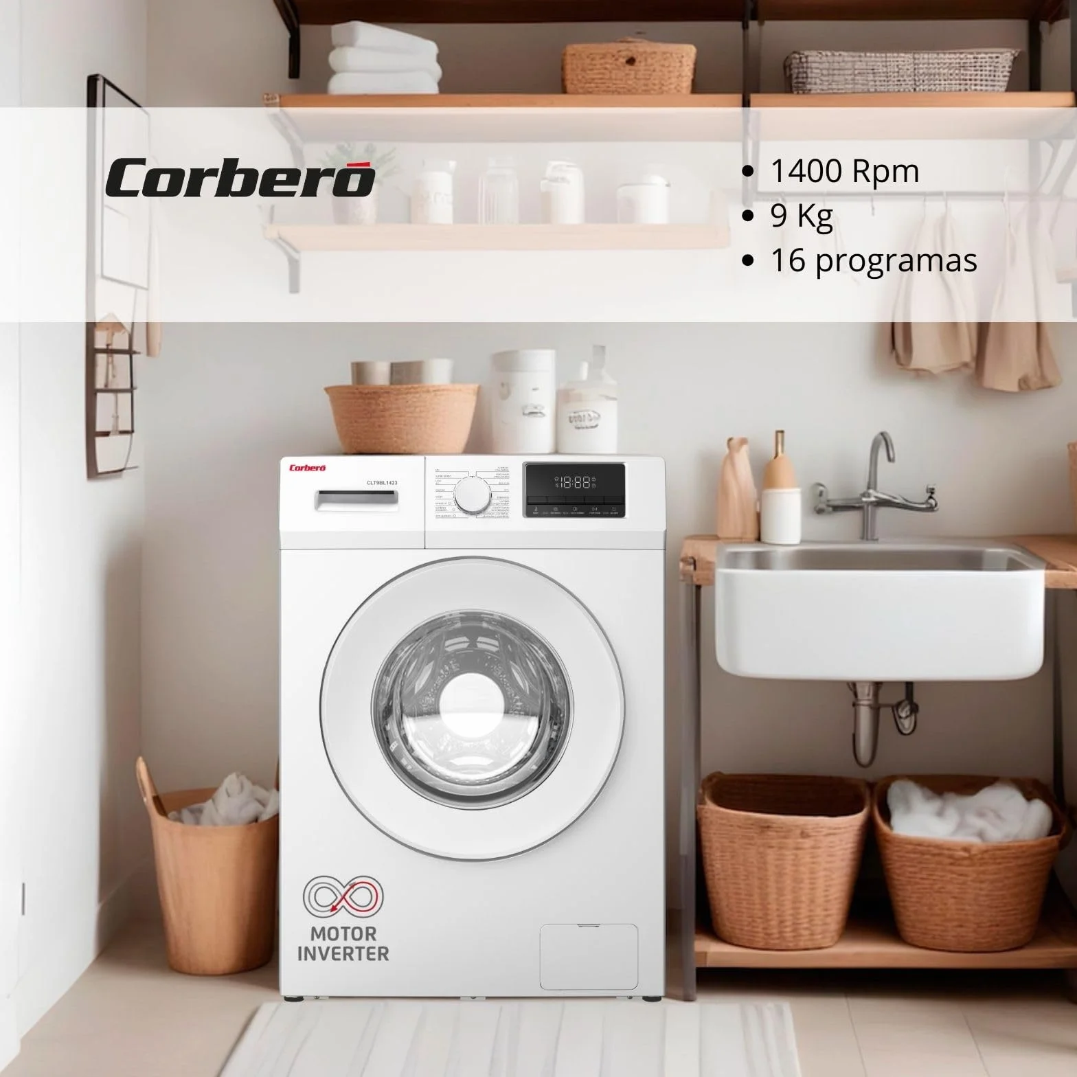 Corbero Lavadora Carga Frontal CLT9BL1423 9 Kg 1400 Rpm Inverter 16 Programas Vapor Blanco