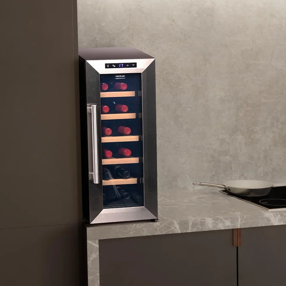 Cecotec Vinoteca 12 Botellas Bolero GrandSommelier 1270 CoolWood. Nevera para Vino, Enfriamiento Termoeléctrico, Temperatura regulable y Luz LED interior, Diseño en Madera e Inox