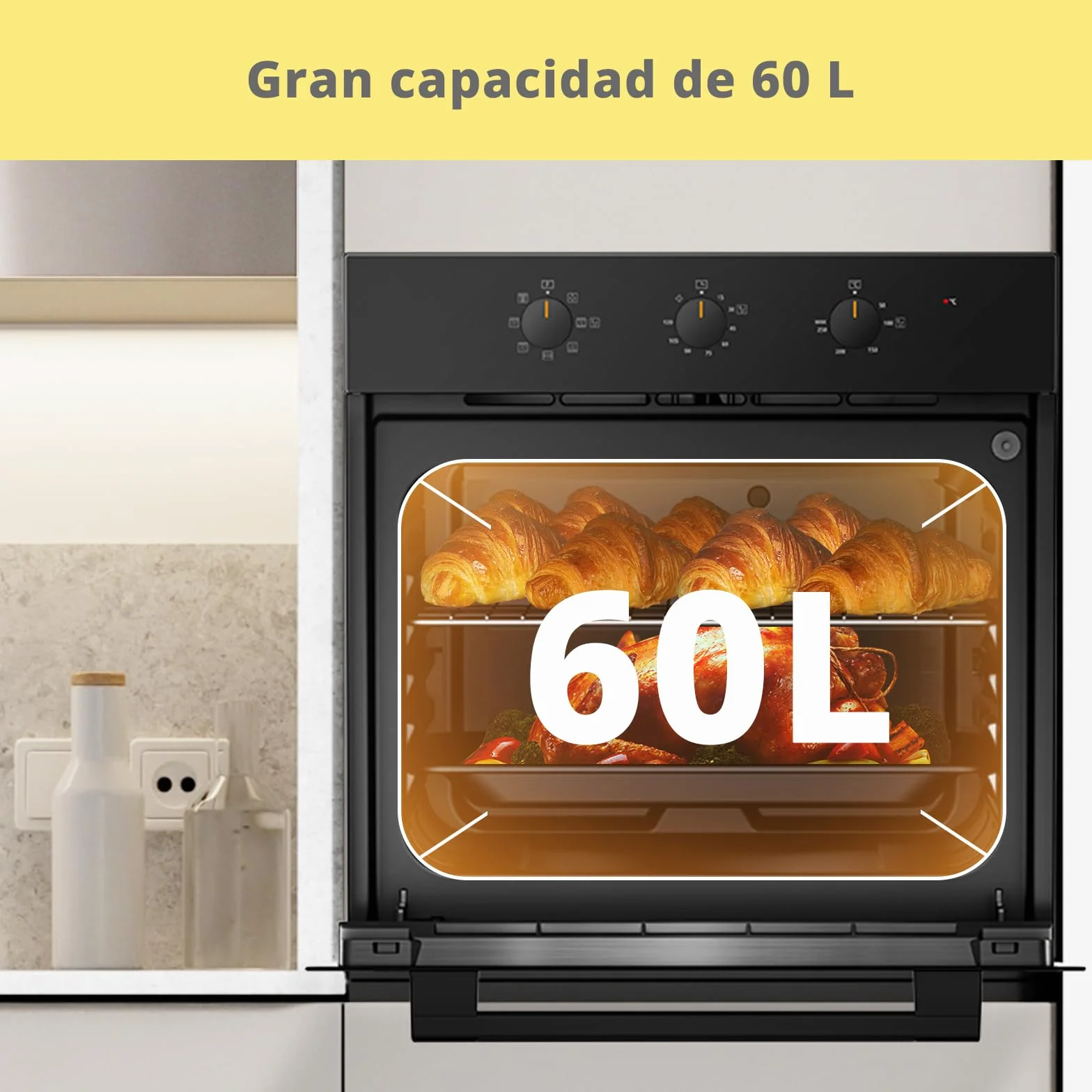 COMFEE' CBO60M80M1-BK Horno empotrable de 60 cm y 60 litros con 8 funciones, freidora de aire, cocción multifase, puerta extraíble, fácil limpieza, limpieza con vapor, color negro