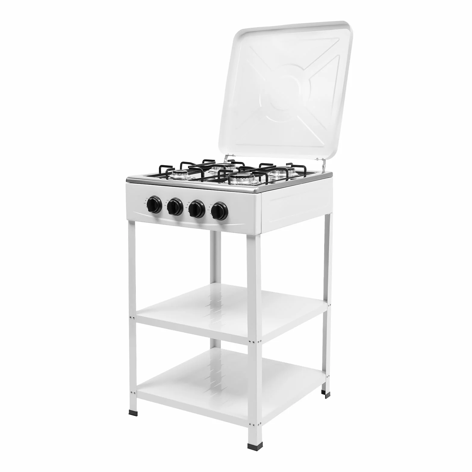 Estufa de gas de 4 quemadores, 4 quemadores, hornillo de gas independiente, 4 zonas, control independiente, pomo 49 x 49 x 79 cm, encendido, protección contra el viento, patas antideslizantes, para