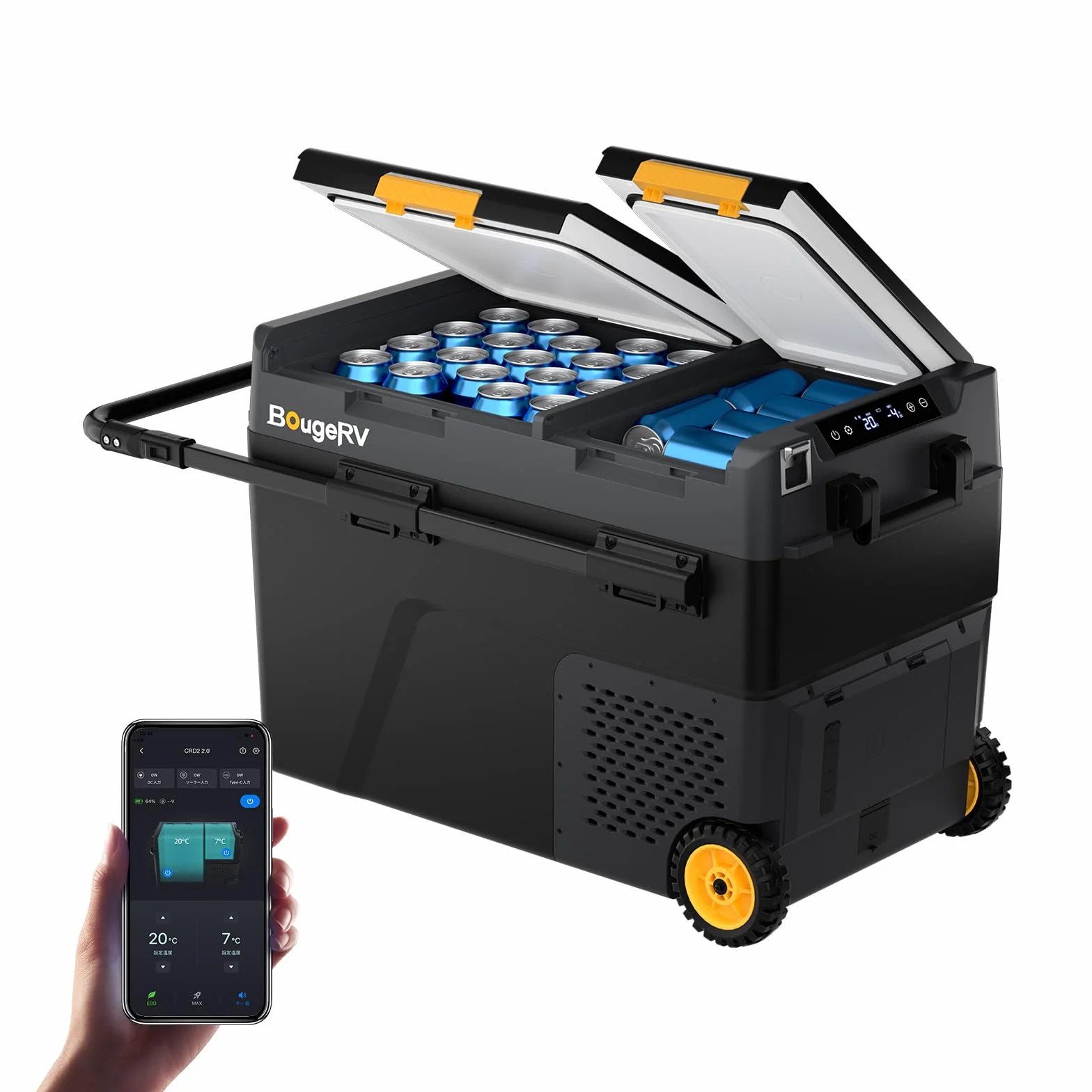 BougeRV CRD2 V2.0 49L Nevera Coche Freezer Doble Puerta Doble Zona Compresor Ruedas Asa 12V 24V 230V Frigorífico Camping Eléctrico App IPX4, -20℃~20℃ (Novedad 2026)
