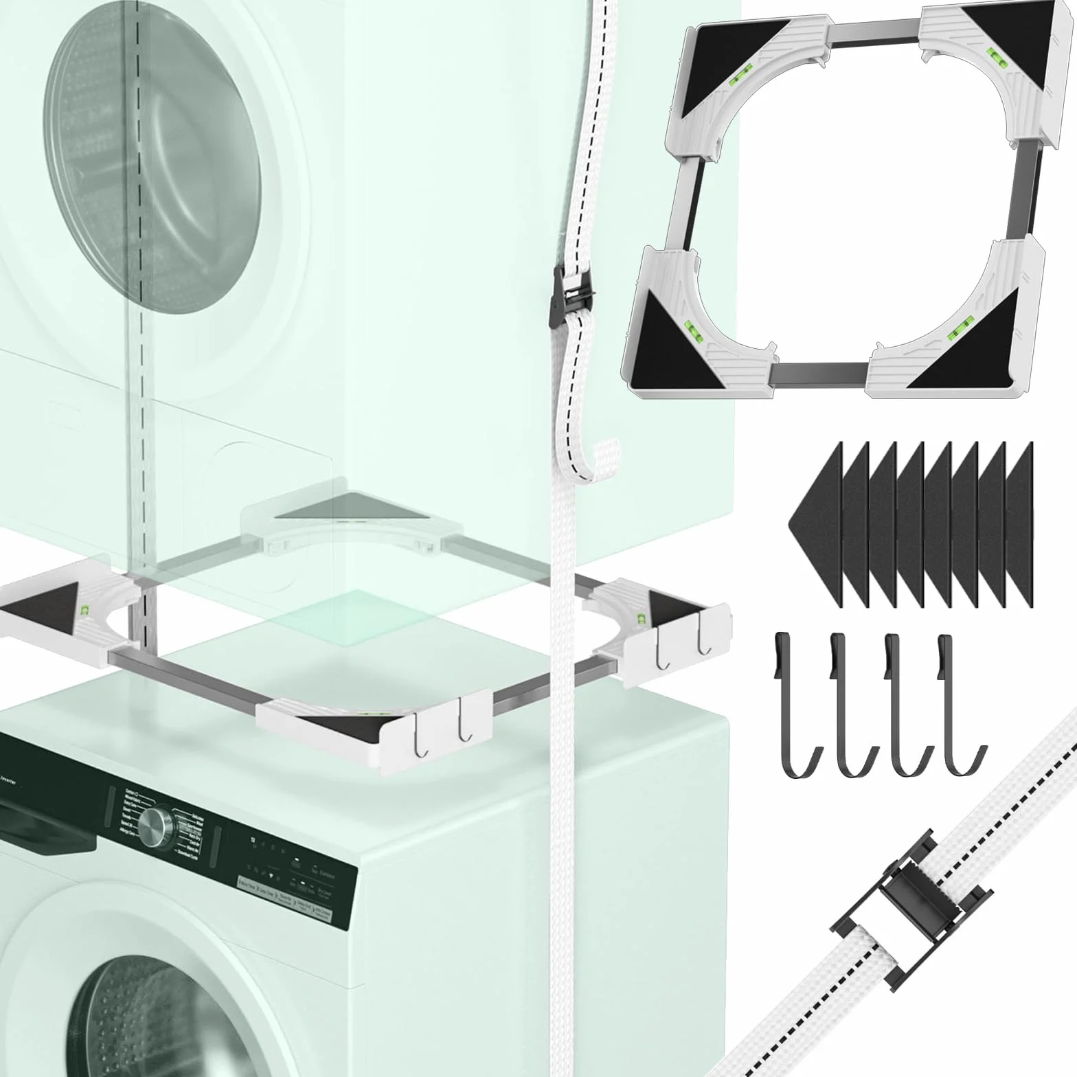 Slimline - Kit de apilamiento para Lavadora y Secadora, Marco Universal para electrodomésticos de 45-68 cm, diseño Que Ahorra Espacio con Correa de trinquete y 4 Ganchos multifunción (Blanco)