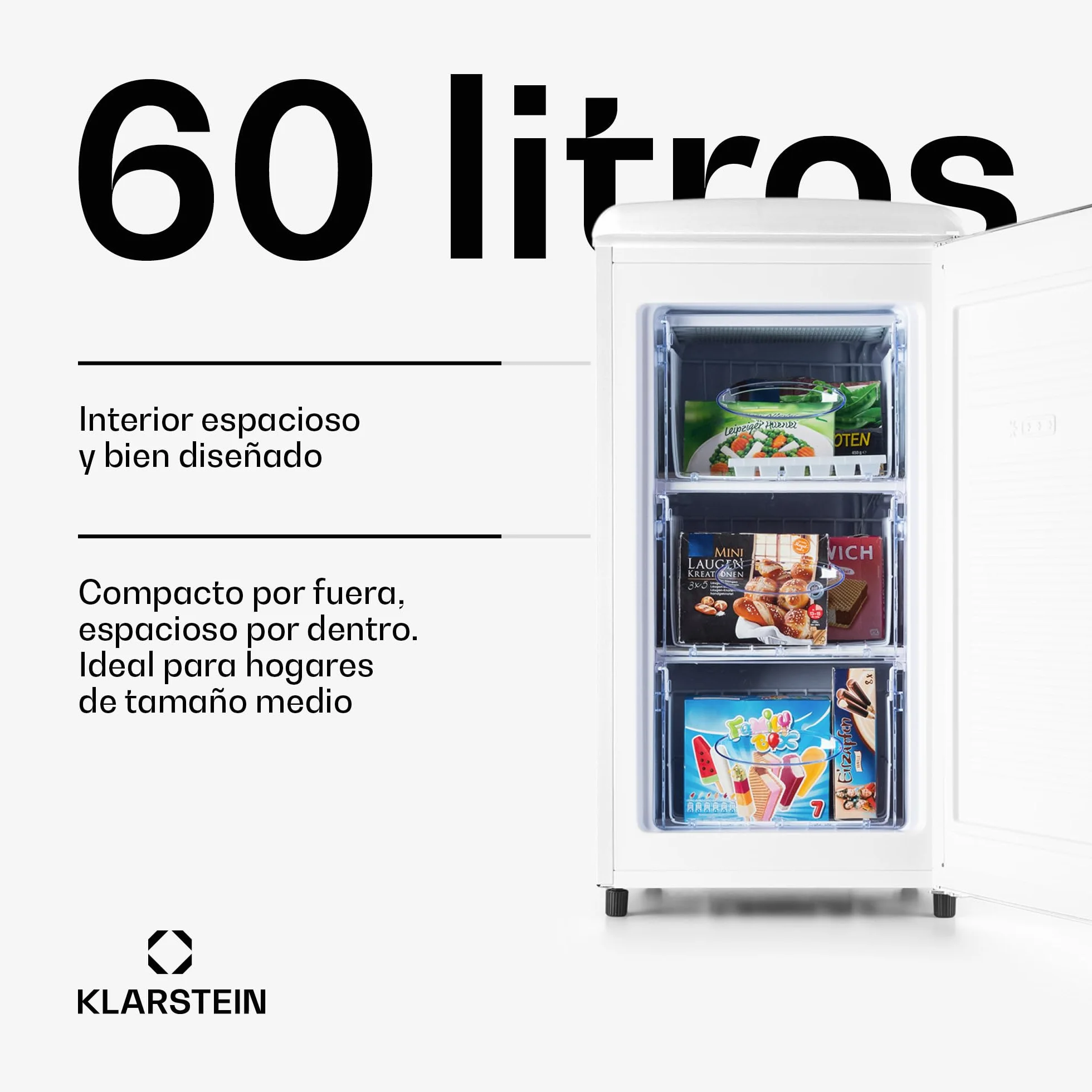 Klarstein Laika - Congelador, Termostato con 5 niveles, Temperaturas de -24 a -15 °C, 3 cajones extraíbles, CEE E, Capacidad de 60 L, Crema