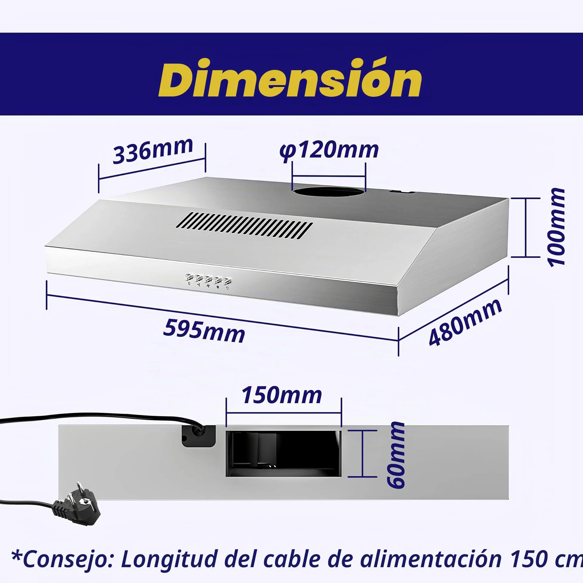 FIREGAS campana extractora 60 cm, con motor sin escobillas, 3 velocidades, 250 m³/h, iluminación LED, filtro de carbón incluido, evacuación y reciclaje, acero inoxidable