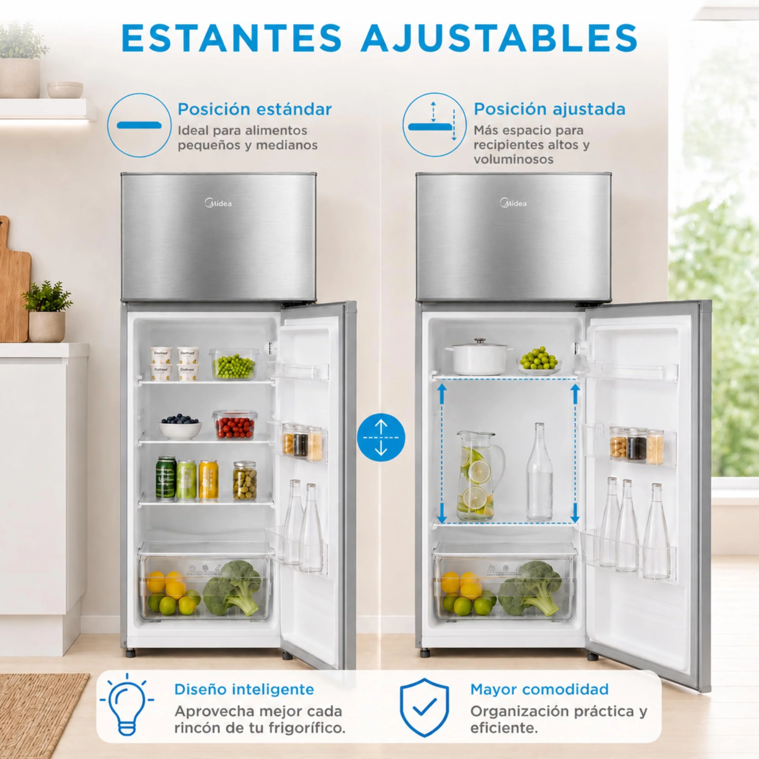 Midea Frigorífico 2 puertas 140 cm alto x 55 cm ancho, Inox, Capacidad 204 L, Nevera Pequeña con Congelador Low Frost de Bajo Consumo, Puerta Reversible, Luz LED, Silencioso 40dB, Cajón de Frutas