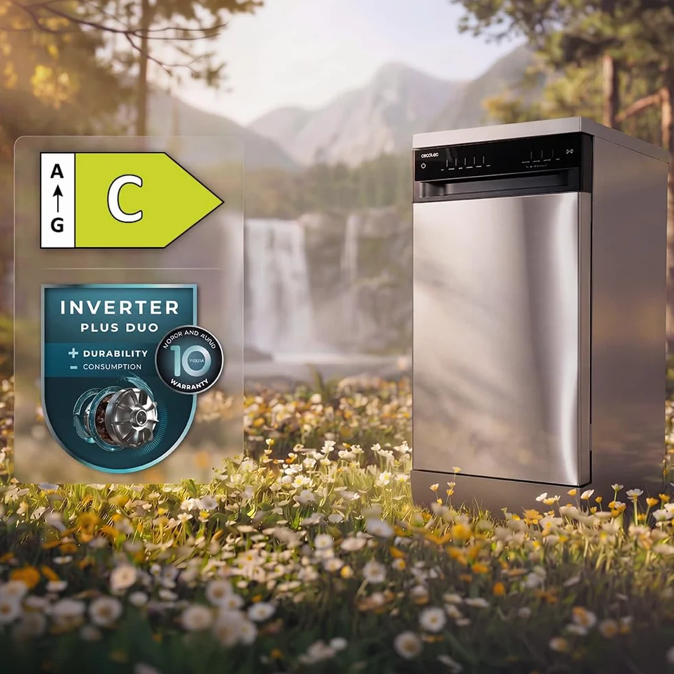 Cecotec Lavavajillas 45 cm Libre Instalación Bolero Aguazero 4560 Inox Connected 11 Cubiertos 9 Programas Motor Inverter Plus Duo Panel Touch WIFI
