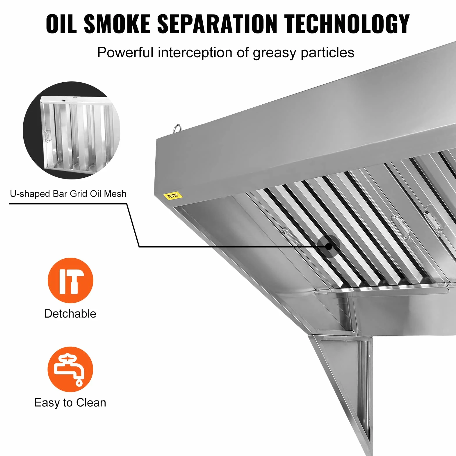 VEVOR Campana extractora comercial de 6 pies para camión de alimentos, capó de remolque de acero inoxidable 201 con 3 rejillas de filtro de aceite extraíbles en forma de U, campana de ventilación