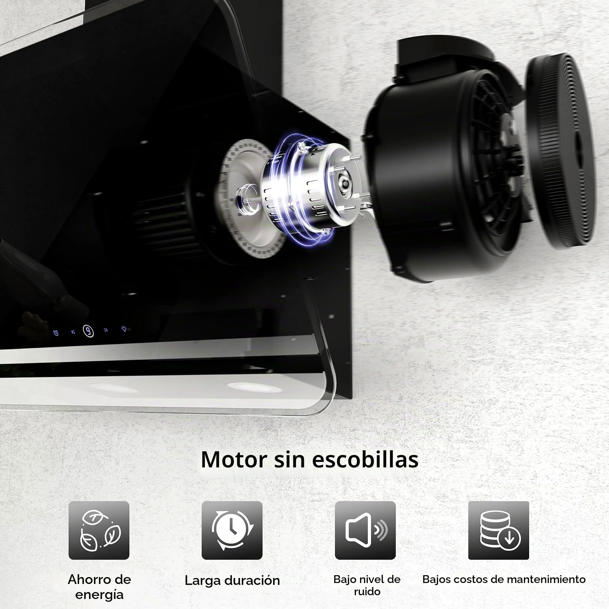 FIREGAS Campana extractora 60cm, Extractor inclinado, Motor sin escobillas, Bajo Consumo, 9 velocidades, 578m³/h, LEDs, Recirculante y Extracción, Incluye filtro de carbón
