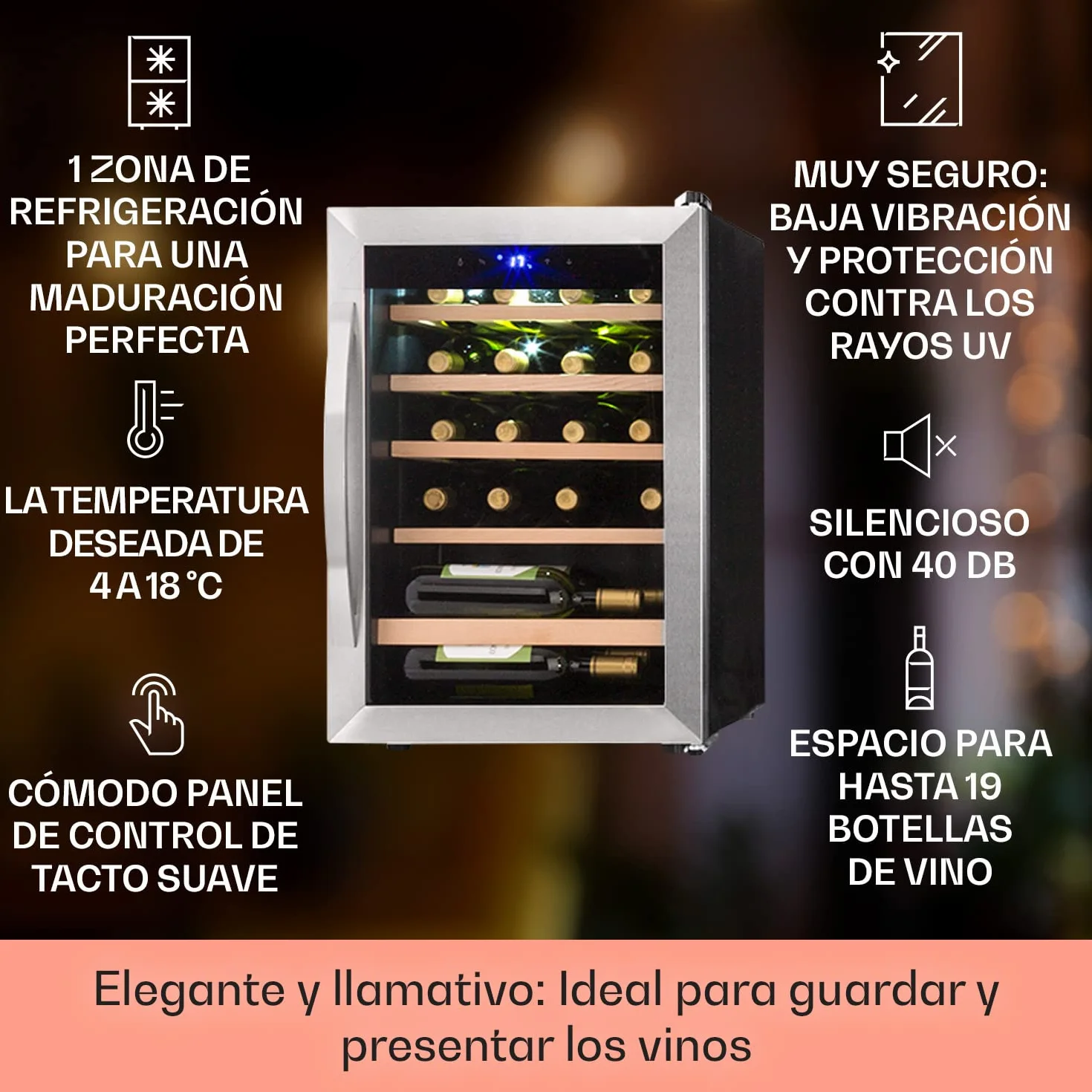 KLARSTEIN Vinoteca 19 Botellas, Nevera Vinos, Una Zona de Refrigeración, Nevera Expositora Vino y Cerveza, Vinoteca Interior y Exterior con Puerta de Cristal, Nevera Vino con Protección UV, 4-18°C