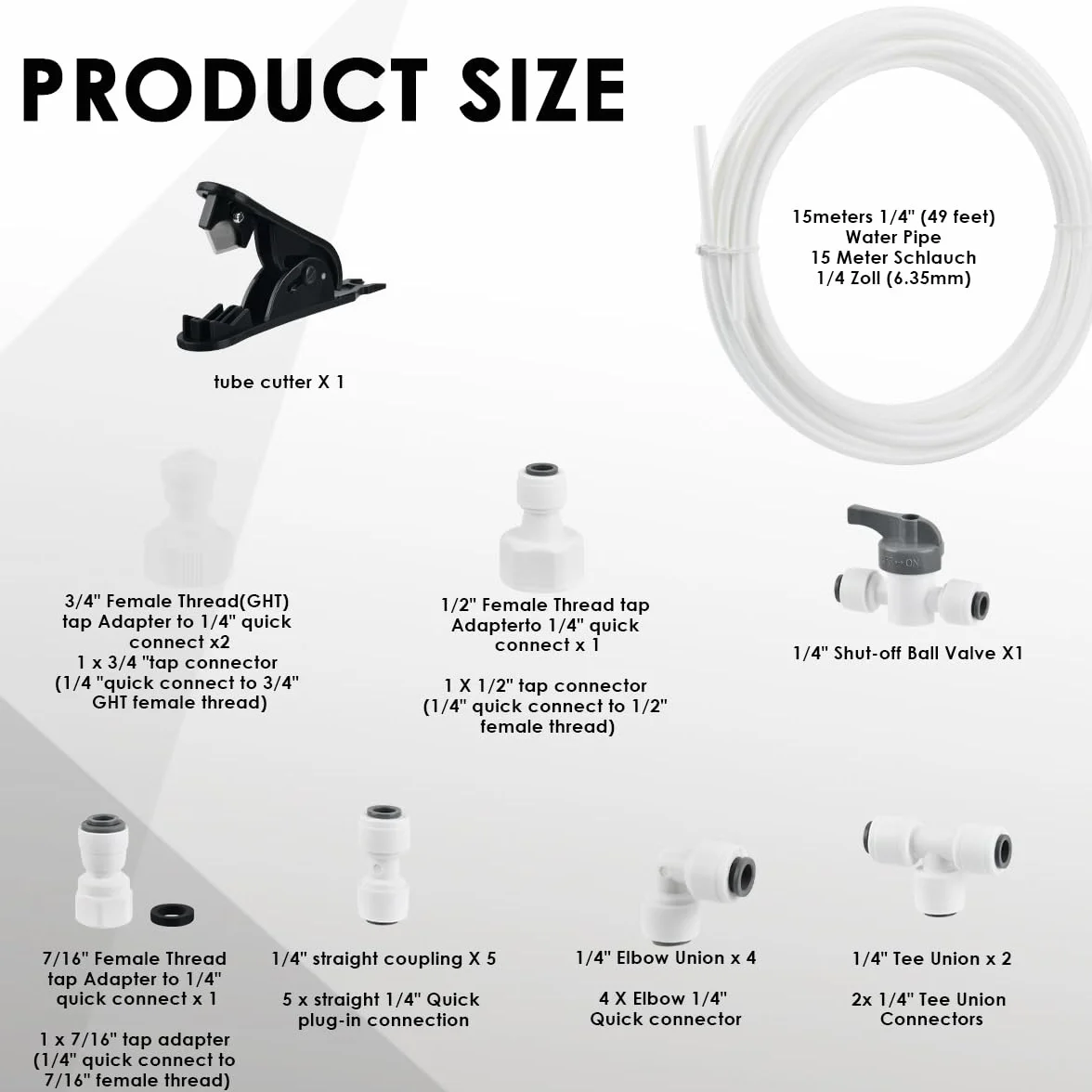 15m Manguera de Suministro de Agua Tubo y Kit de Conectores de Refrigerador para Refrigerador de Estilo Europeo Doble Refrigerador (1/4"Pipe)