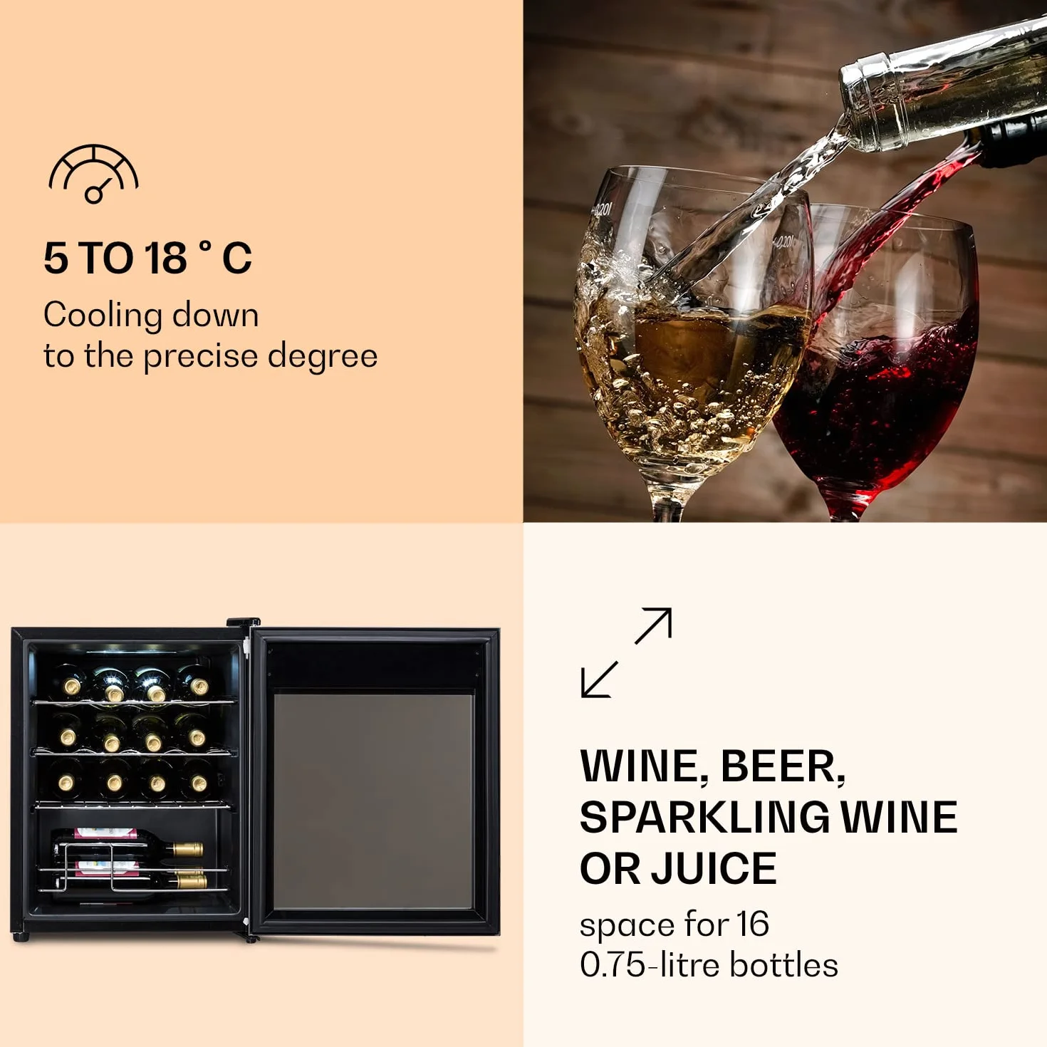 KLARSTEIN Ultimo Uno - Vinoteca, Nevera para vinos con regulador de temperatura entre 5 y 8 °C, Control táctil, Iluminación interior LED, Espacio para 16 botellas, 42 litros de volumen, Negro