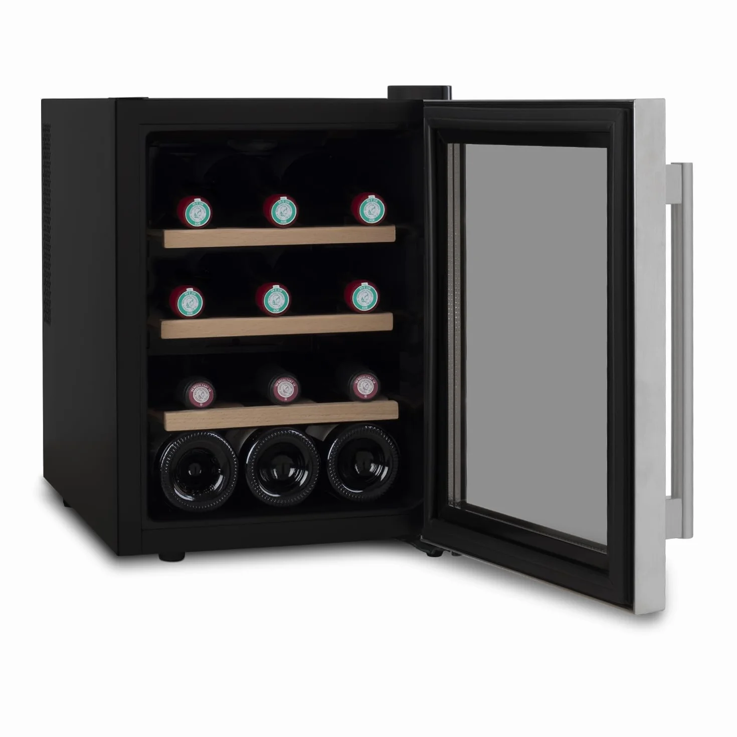 LES PETITS CHAMPS Vinoteca 12 botellas CAVS12, Capacidad 31L, Puertas de acero inoxidable, Ajuste de temperatura de 11°C a 18°C, Sistema termoeléctrico, Iluminación LED, Anti-UV, 3 estantes