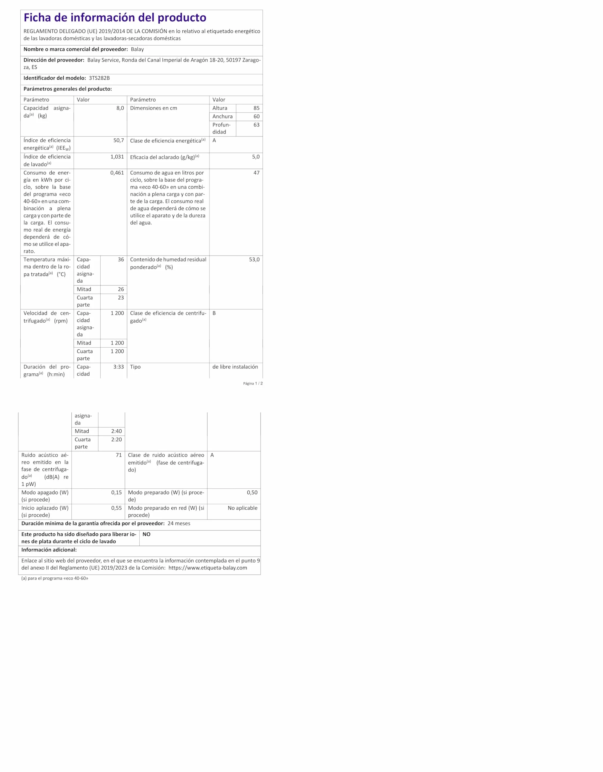 Balay - Lavadora de libre instalación, 8 kg, Tecnología AquaControl Plus, Programa Plancha, Función Más rápido, blanco, 3TS282B