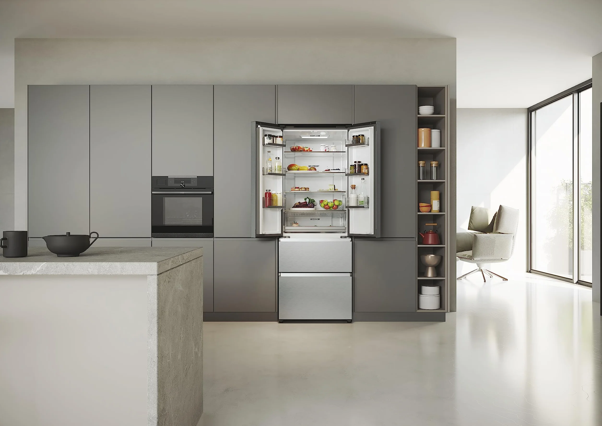 HAIER FD 70 Series 5 HFR5719ENMG - Frigorífico Puerta Francesa, Cajones Direct Access, Circular AirFlow, Motor Inverter, My Zone Plus, Total No Frost, Ancho 70cm, Alto 1,90m, 446L, Luz LED, Inox