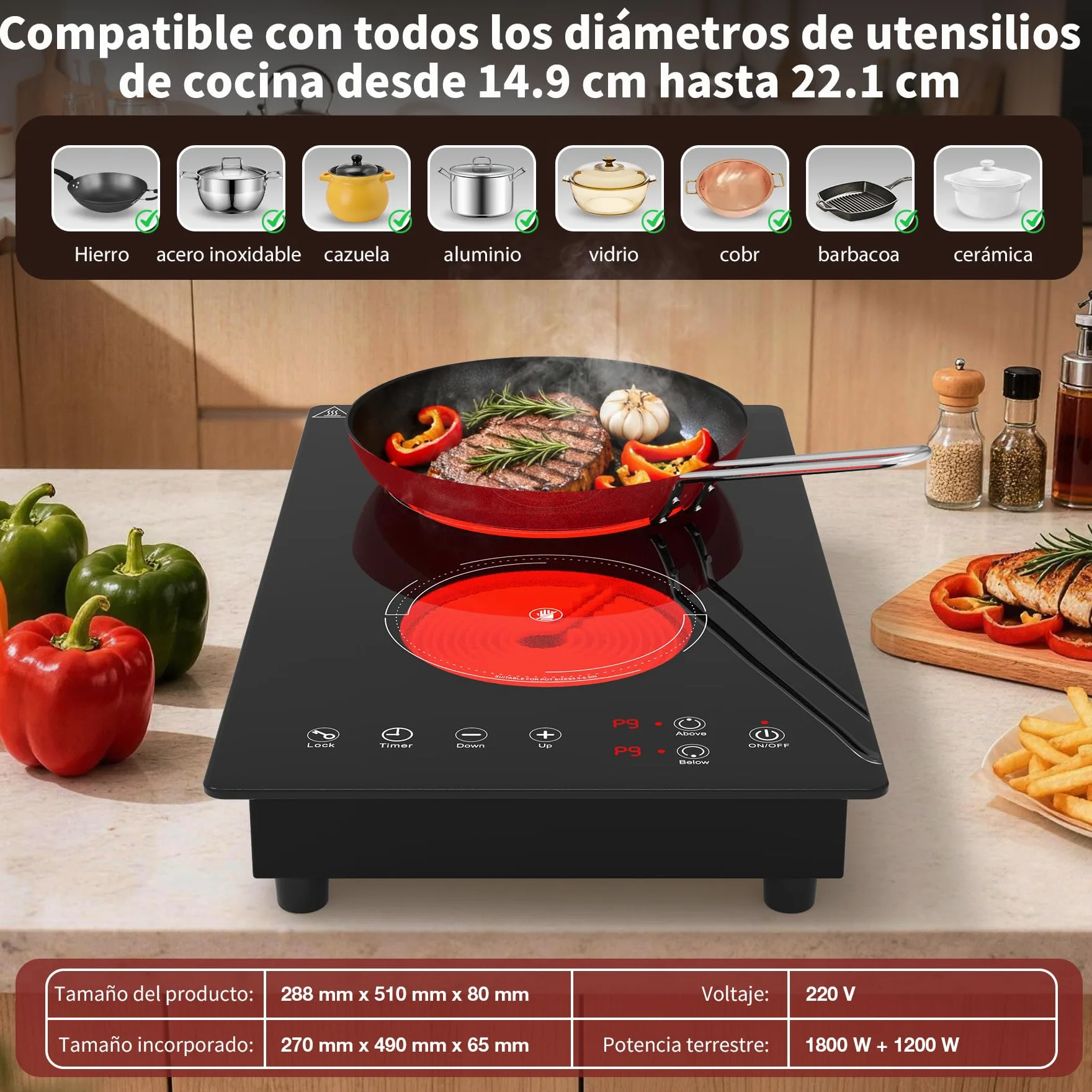 VBGK placa vitroceramica，220V 3000W placa de vitroceramica con control táctil LED, 9 niveles de potencia, bloqueo de seguridad infantil, temporizador de 4 horas y protección contra sobrecalentamiento.
